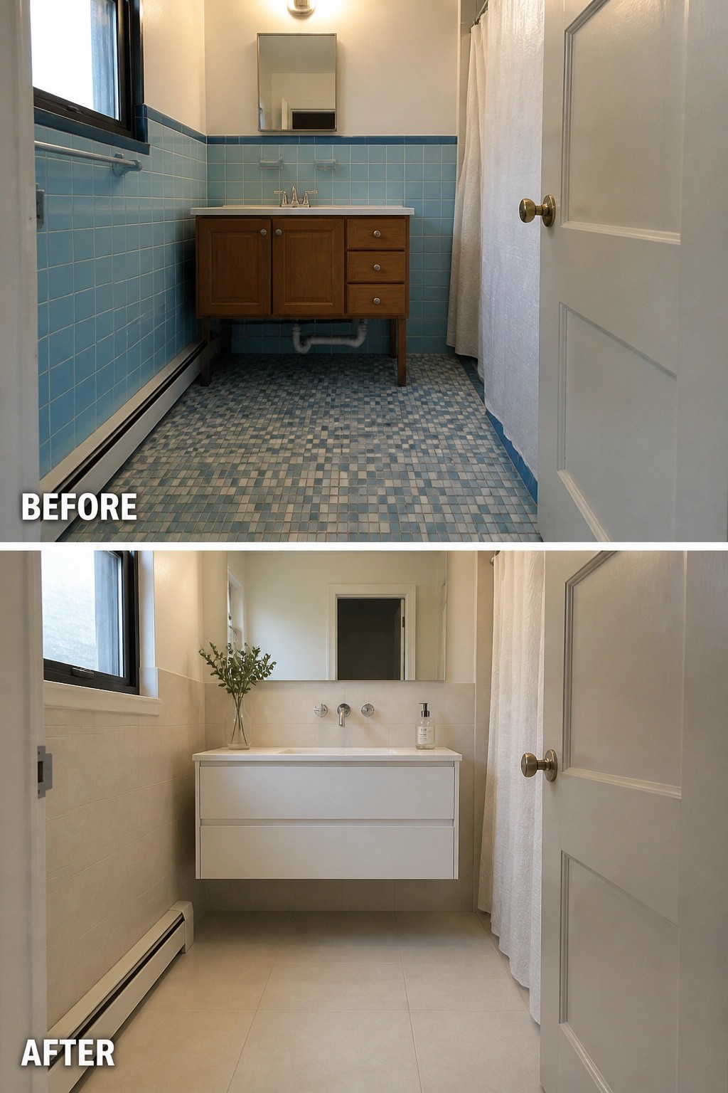 Before and after bathroom renovation from blue tiles to modern white floating vanity