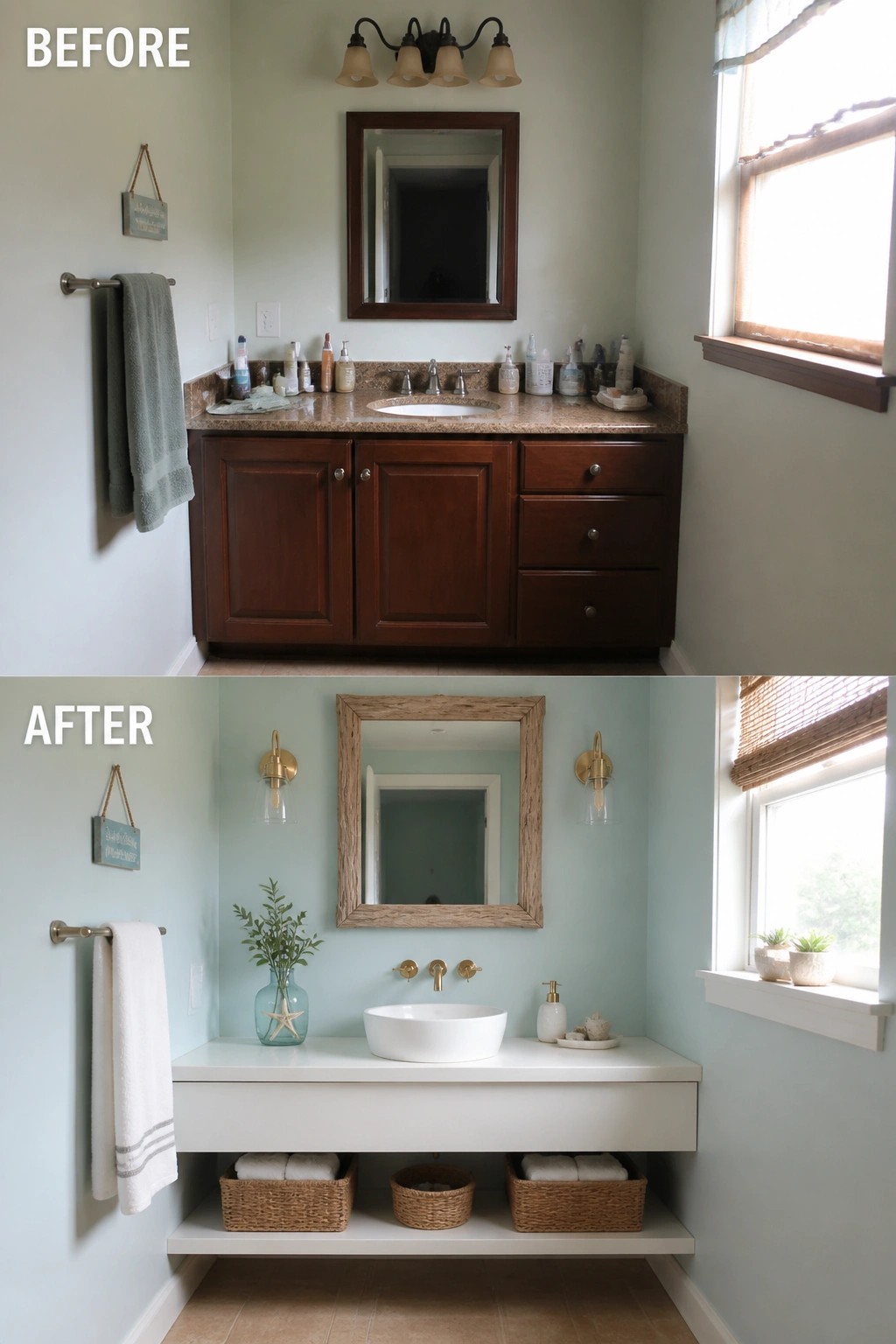 Before-and-after image of a bathroom showing a dark wood vanity replaced with a white floating vanity and updated fixtures.