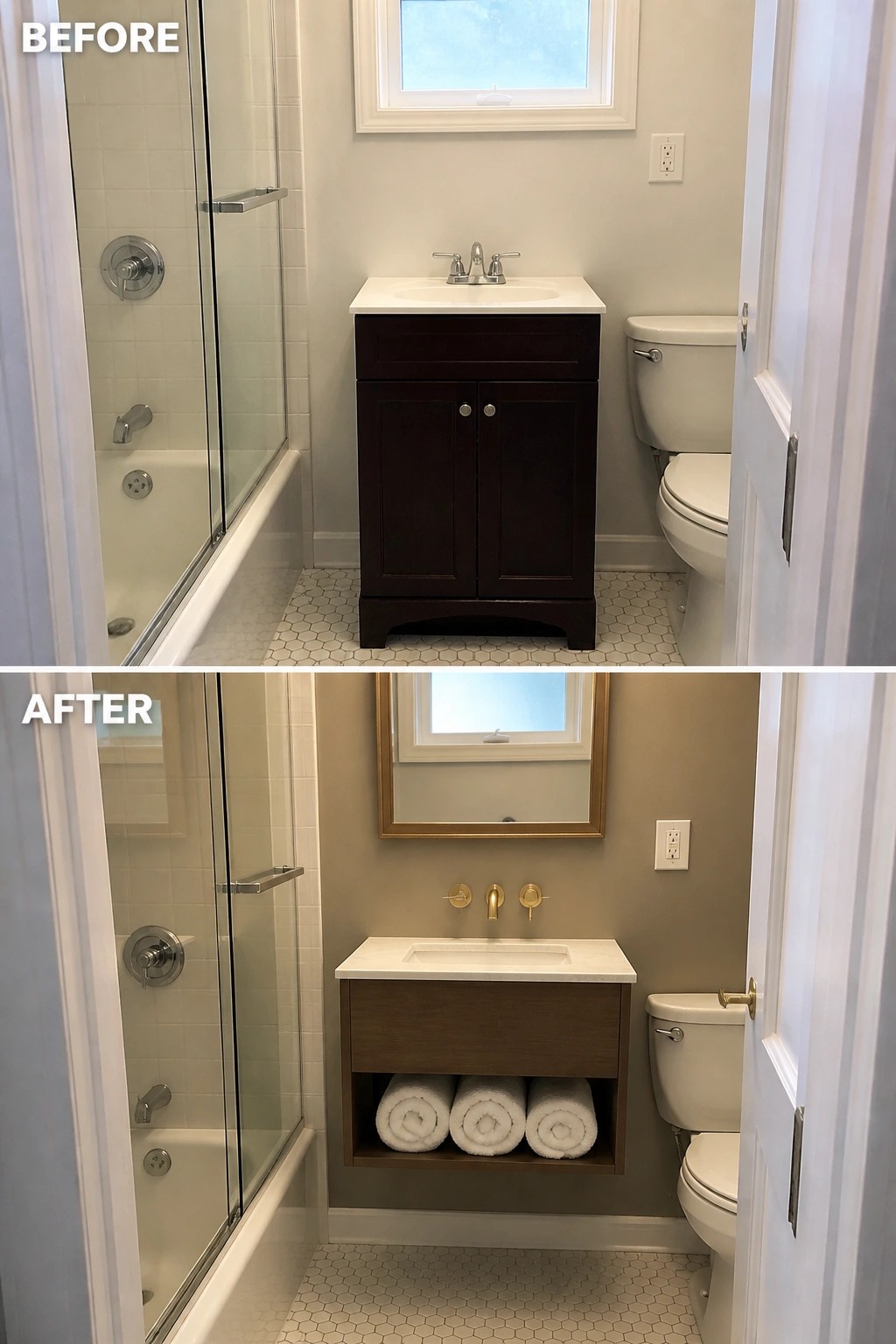 Before-and-after image of a bathroom showing a dark closed vanity replaced by a floating wood vanity with an open shelf for towels and updated gold fixtures.