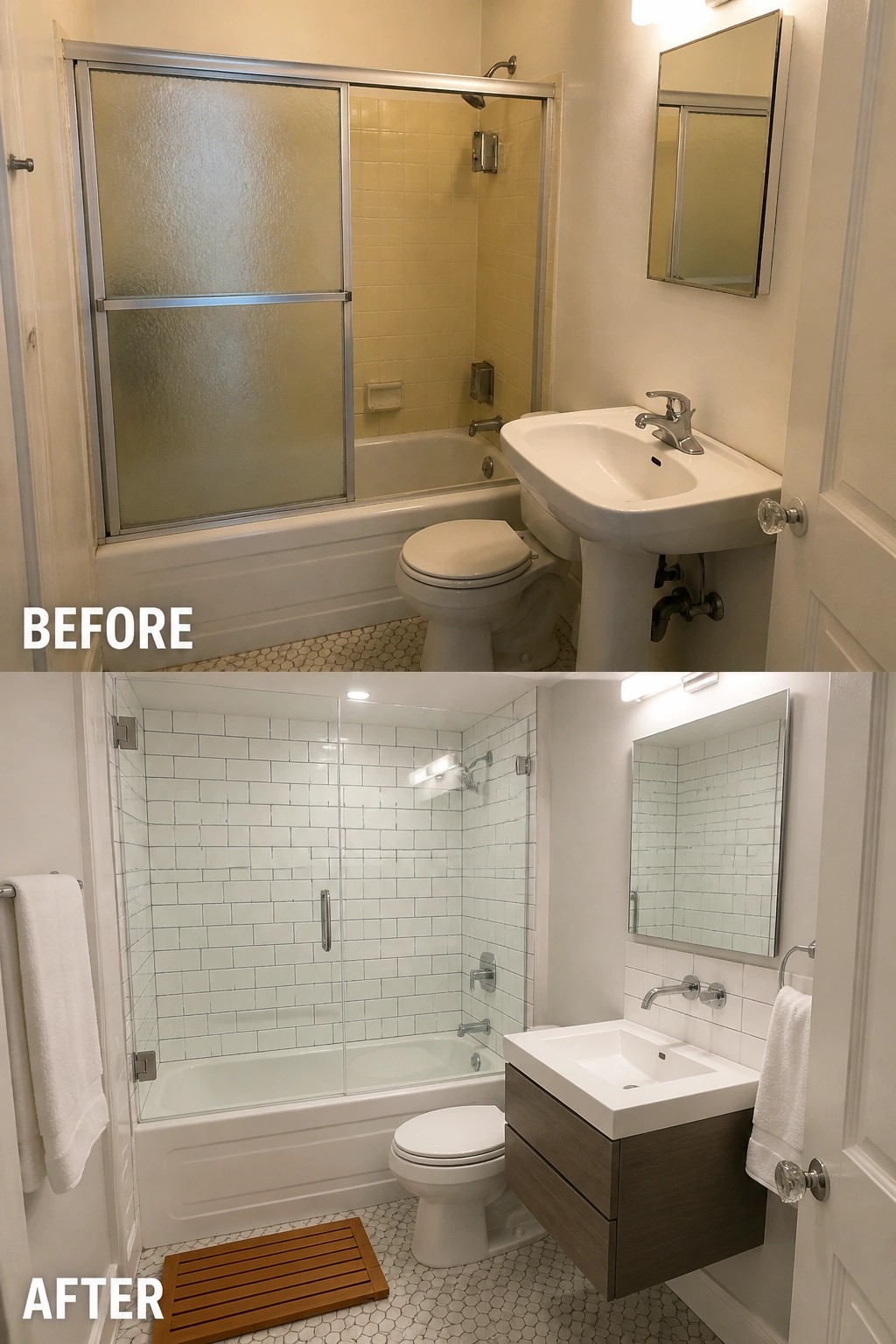 Before-and-after image of a bathroom showing a pedestal sink replaced by a floating vanity along with updated shower enclosure and fixtures.