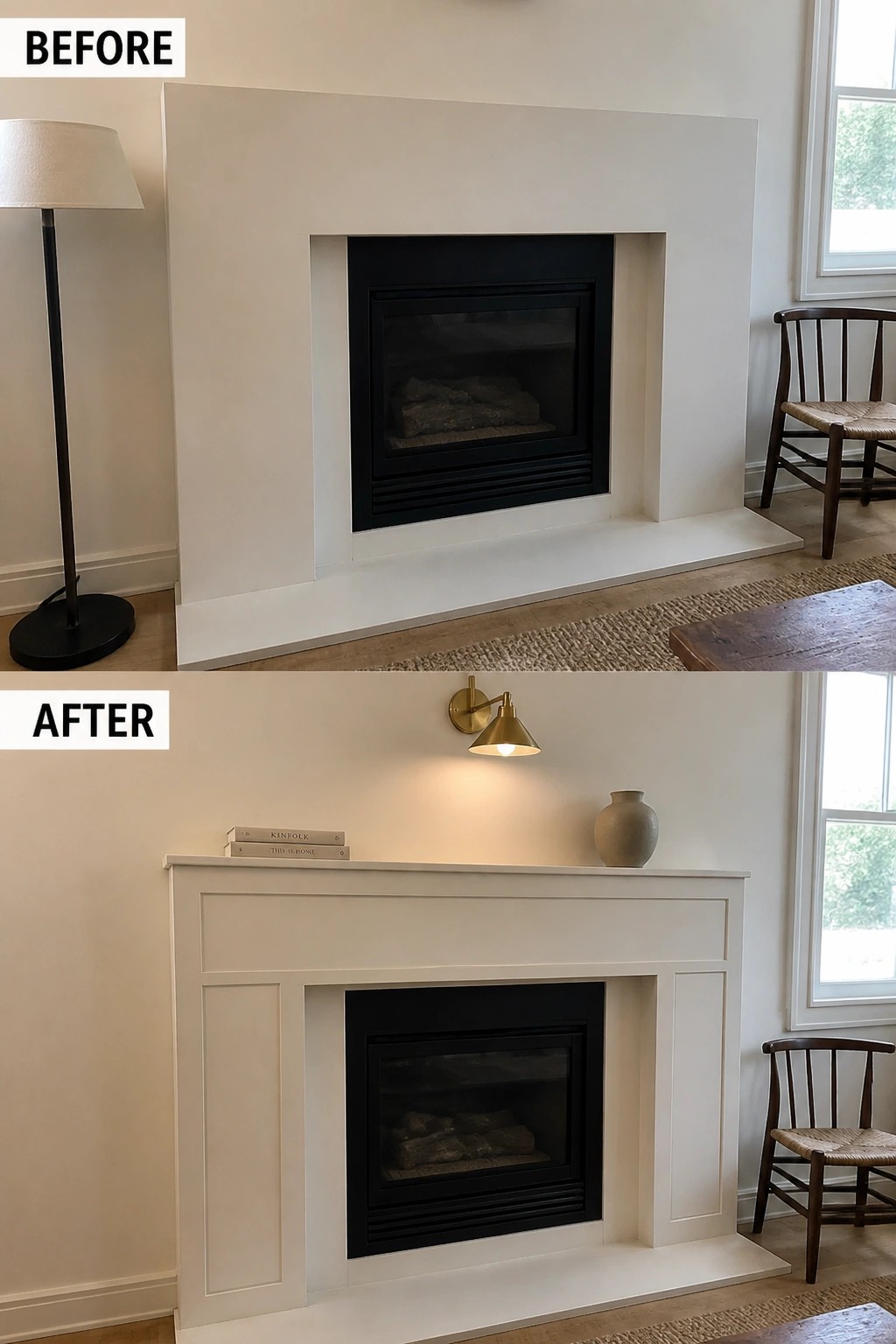 Before and after of white fireplace with added paneled mantel, sconce, books, and vase.