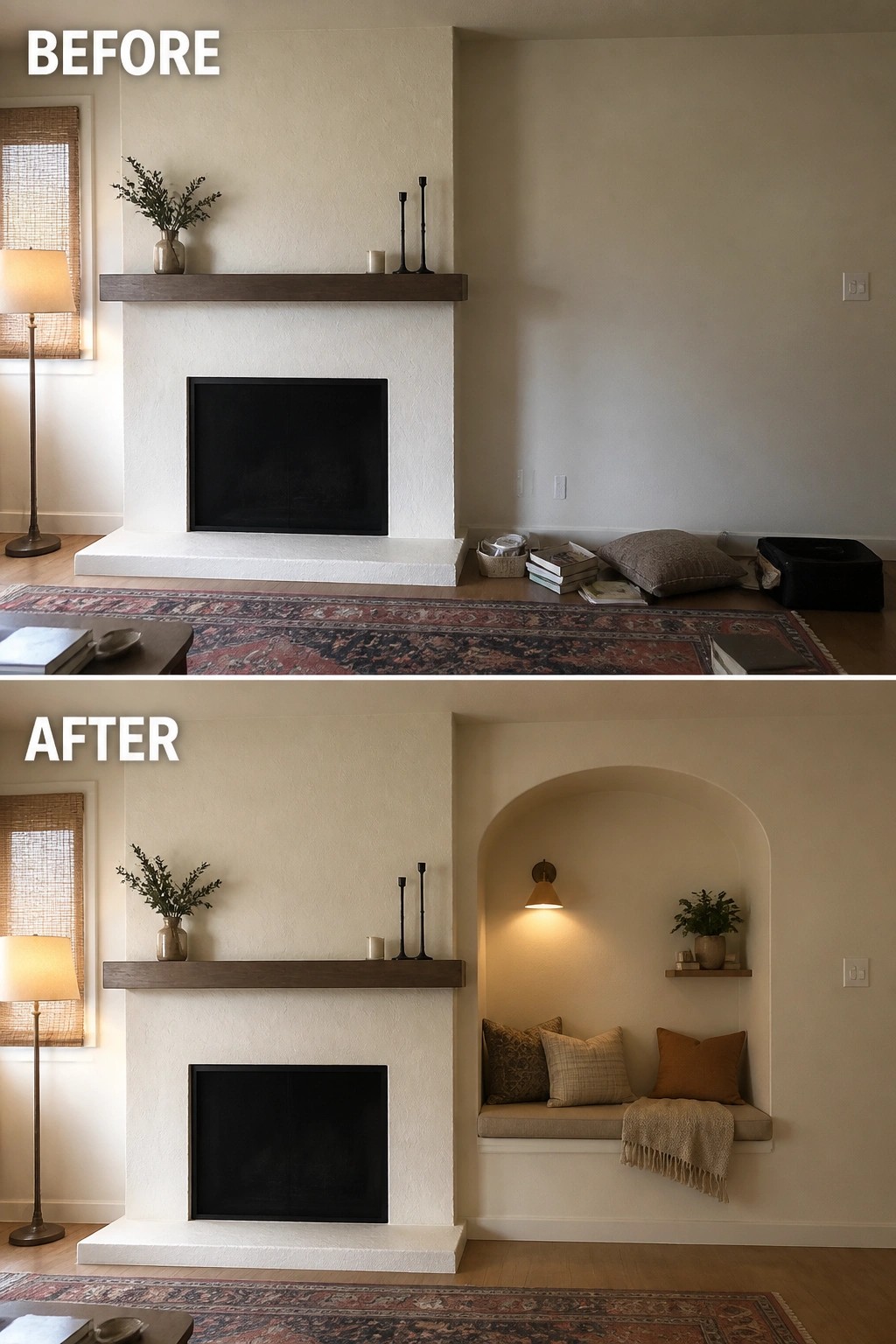 Before-and-after fireplace: after adds arched alcove with cushions, sconce and bench seat