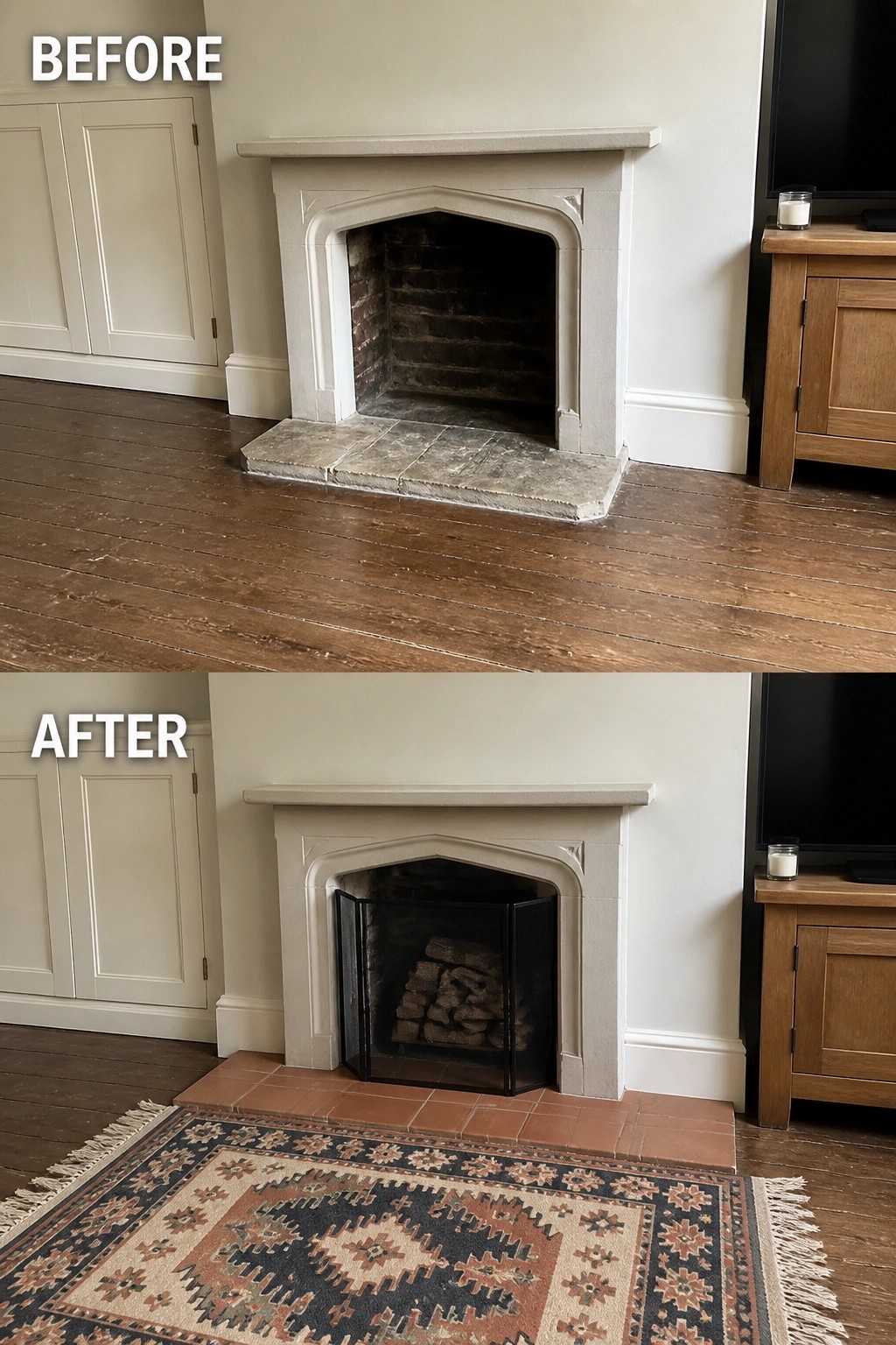 Before-and-after image of a plaster fireplace surround updated with a black fire screen, extended terracotta tile hearth, and large patterned rug.