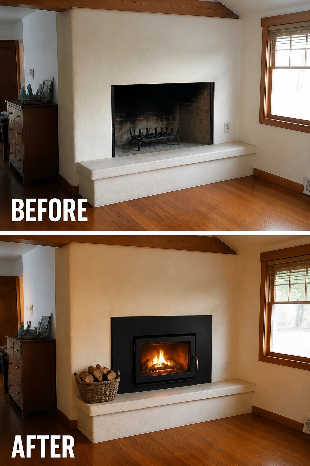 Before and after of white fireplace updated with modern black wood-burning insert and logs.