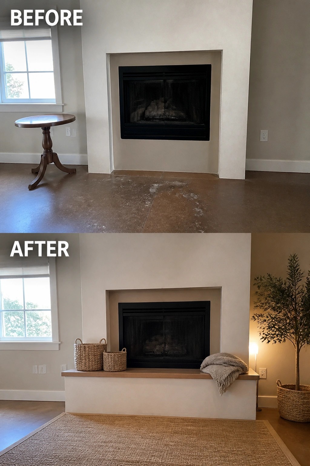 Before and after of a neutral fireplace with added mantel, baskets, rug, and plant.