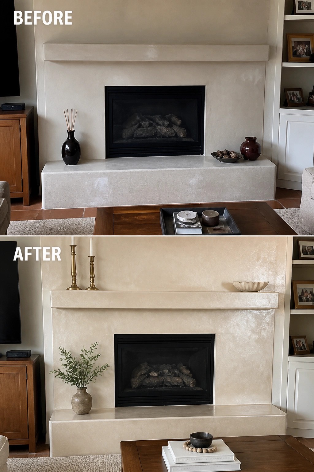 Before and after fireplace mantel with updated brass candlesticks, plant, and decor.