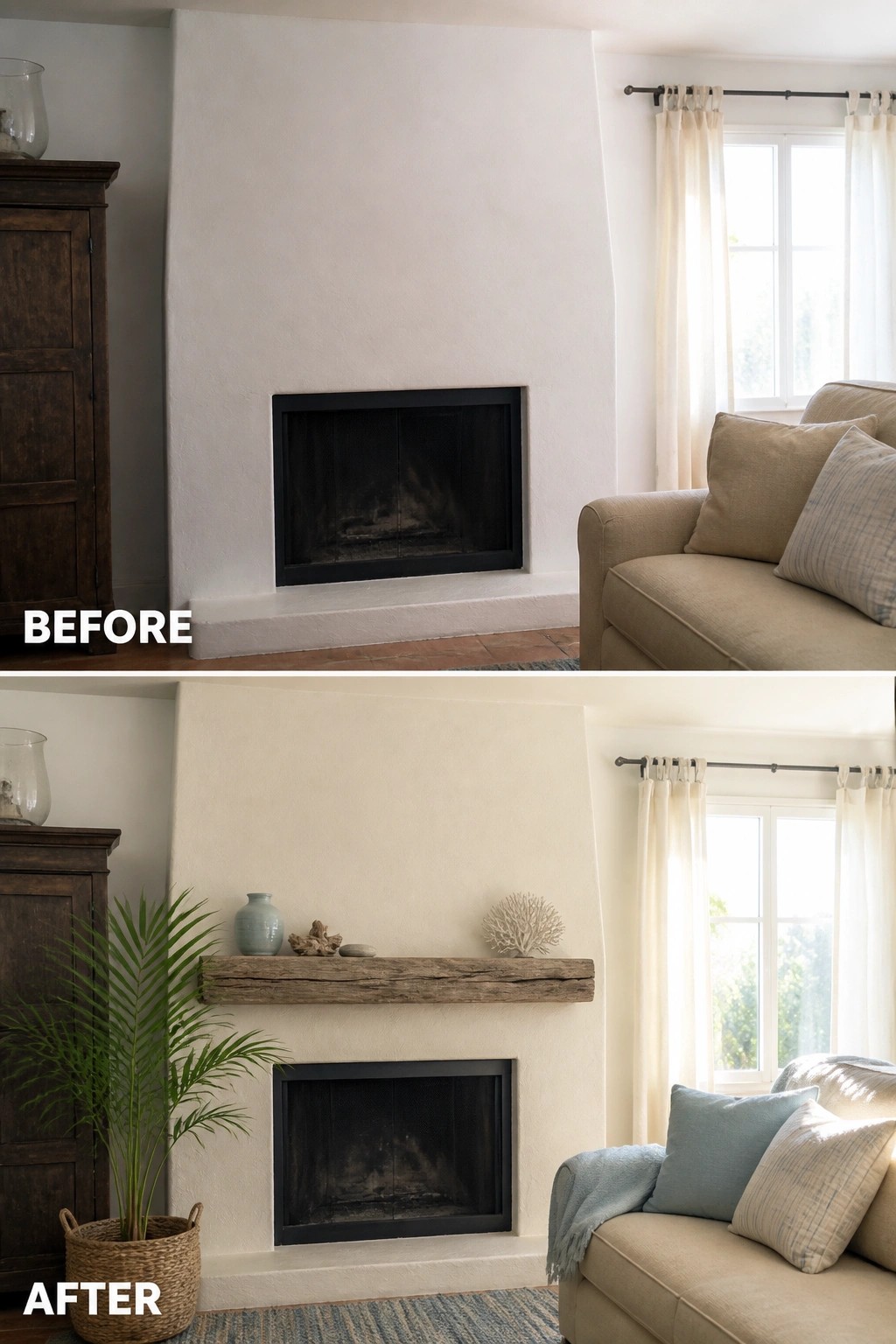 Before-and-after living room fireplace with added rustic mantel, plant, and decor.