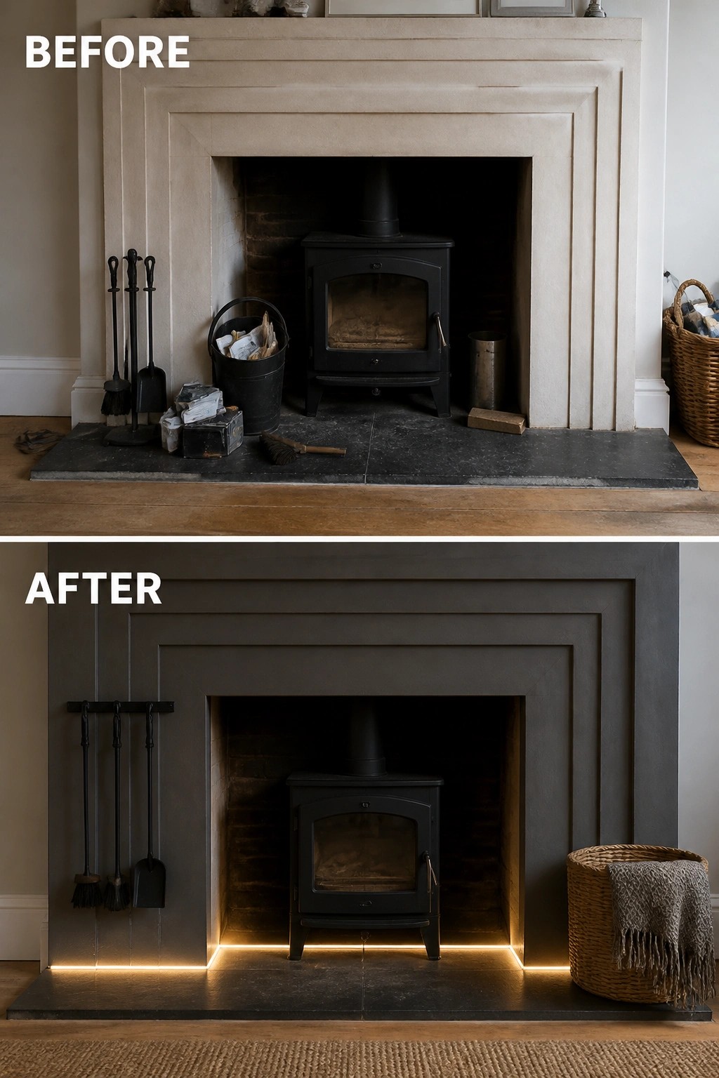 Before and after of fireplace repainted dark gray with added base lighting.