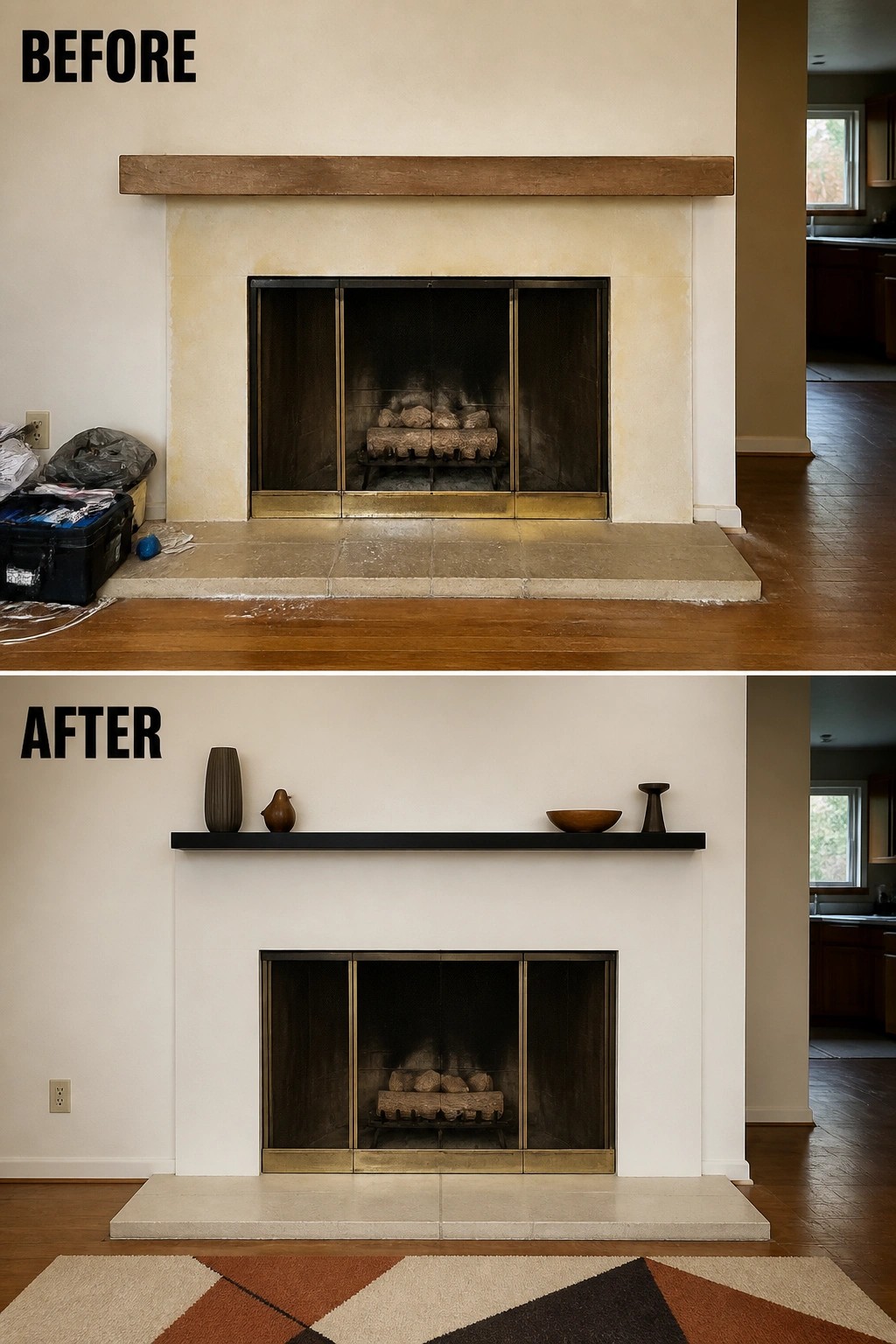 Before-and-after image of a fireplace with a stained beige plaster surround changed to a clean white plaster surround with a slim black shelf.