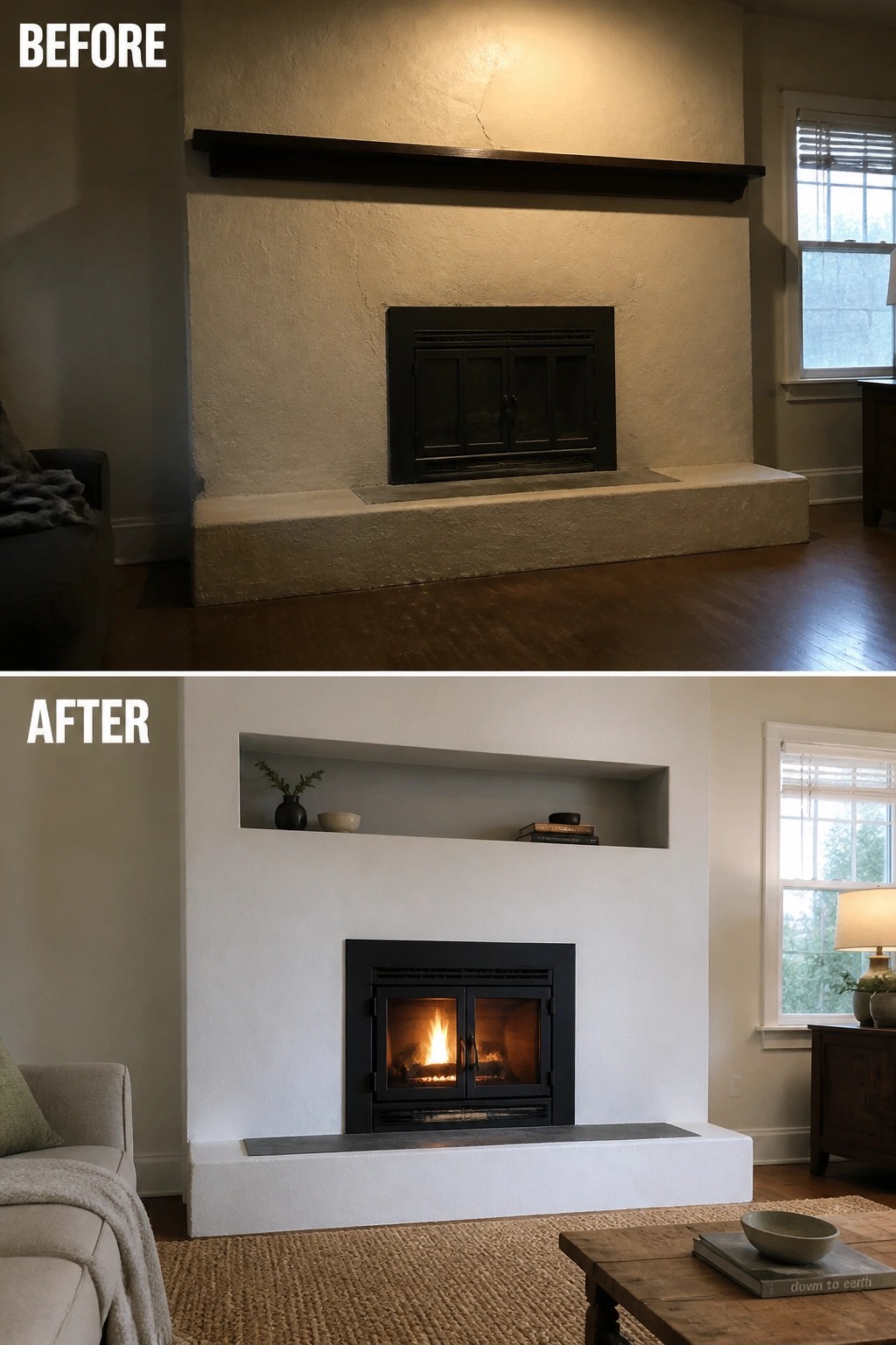 Before and after views of a living room fireplace remodel with modern white surround.