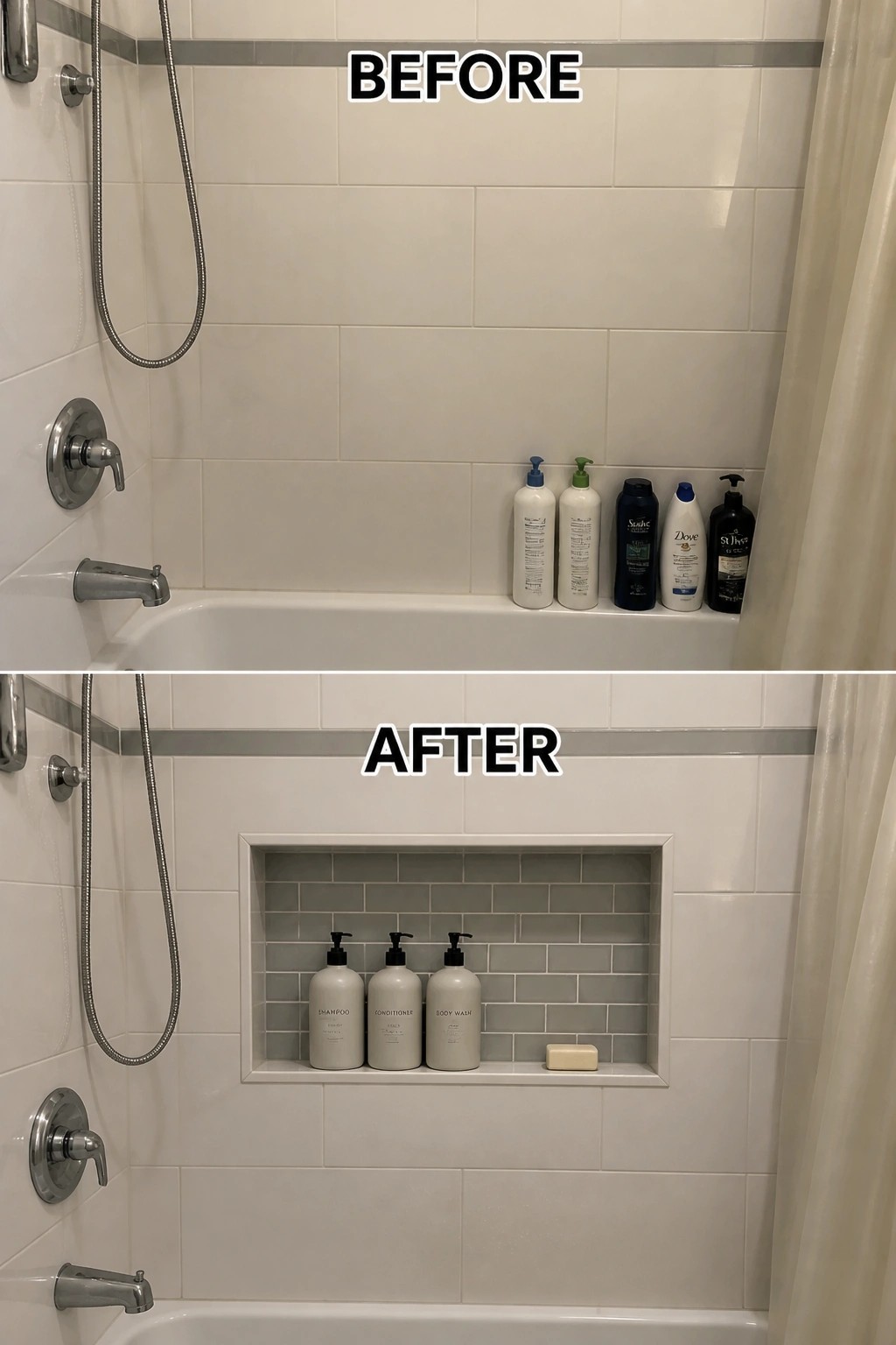 Before: bottles on tub ledge. After: three pumps in recessed tiled niche.