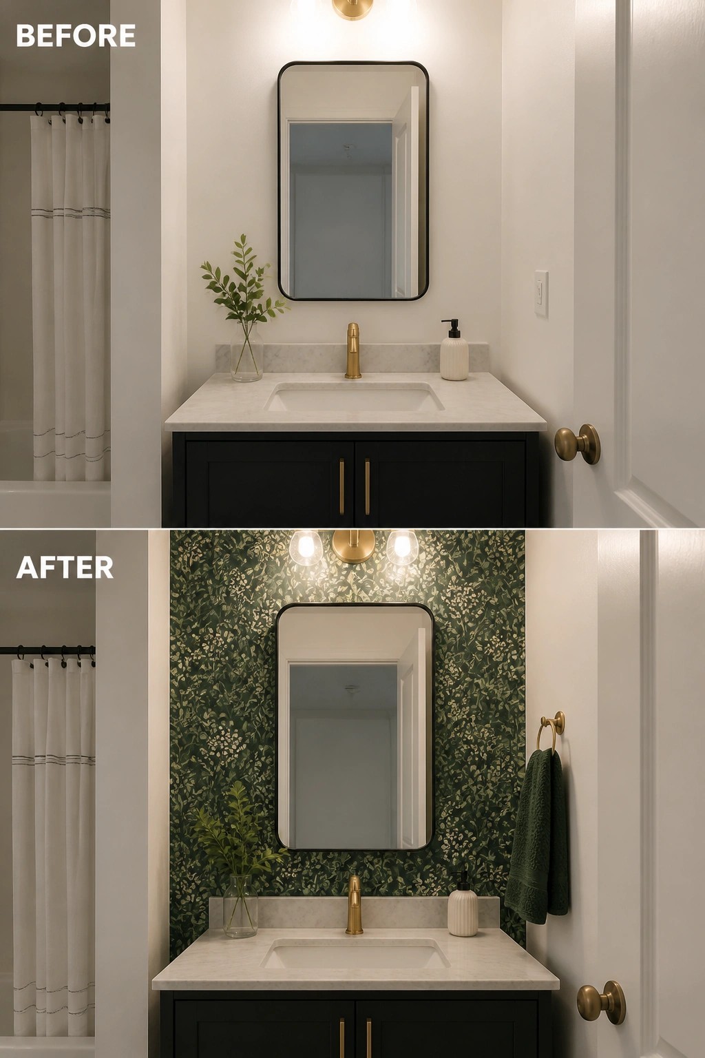 Before-and-after image of a small bathroom updated with green patterned wallpaper on the wall behind the sink.