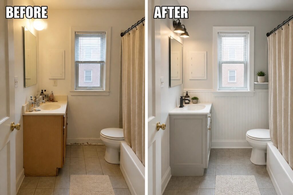 Before-and-after bathroom renovation with wood vanity replaced by gray cabinet and black fixtures