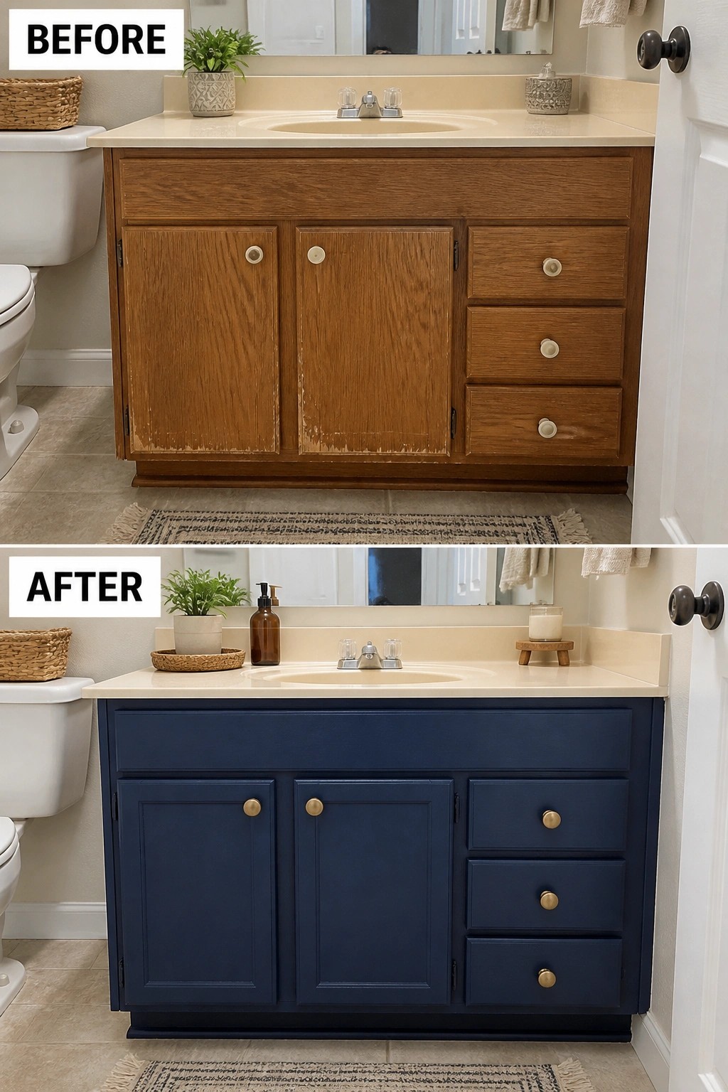 Before-and-after image of a bathroom vanity updated from worn wood finish to solid navy paint with new gold hardware.