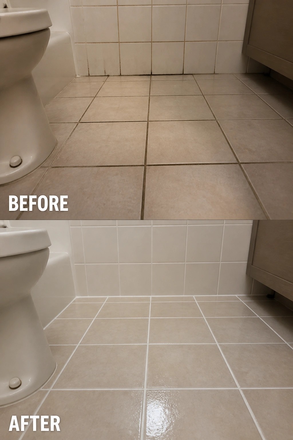 Before-and-after image of a bathroom floor with darkened, stained grout lines cleaned to bright white.