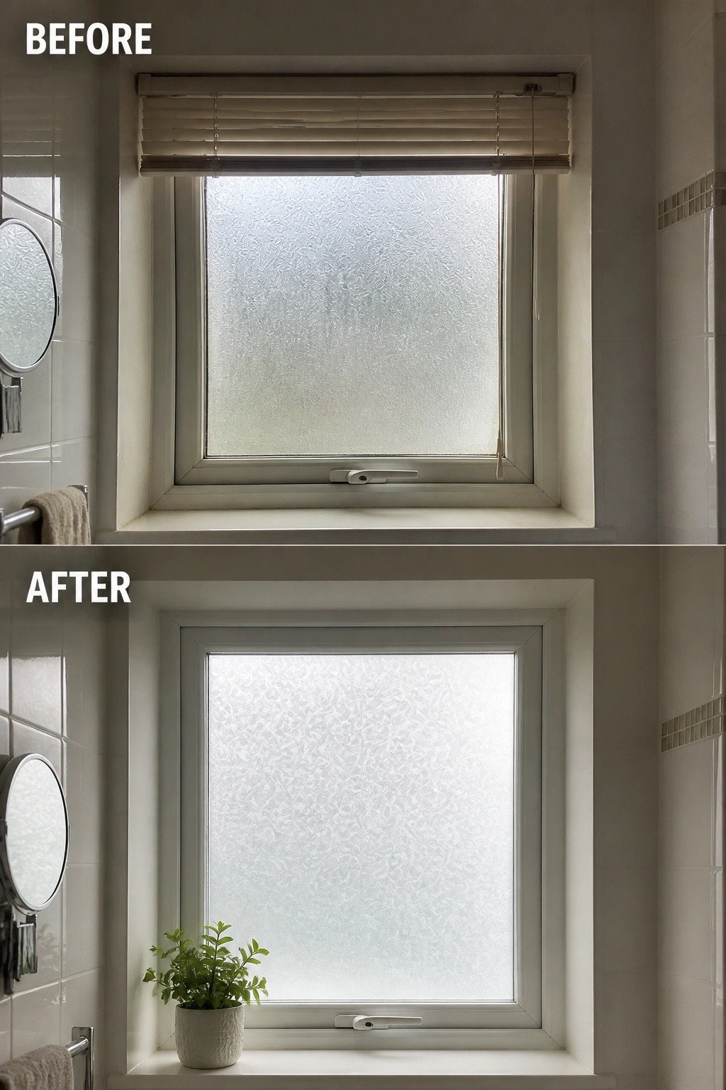 Before-and-after frosted bathroom window with blind removed and potted plant added