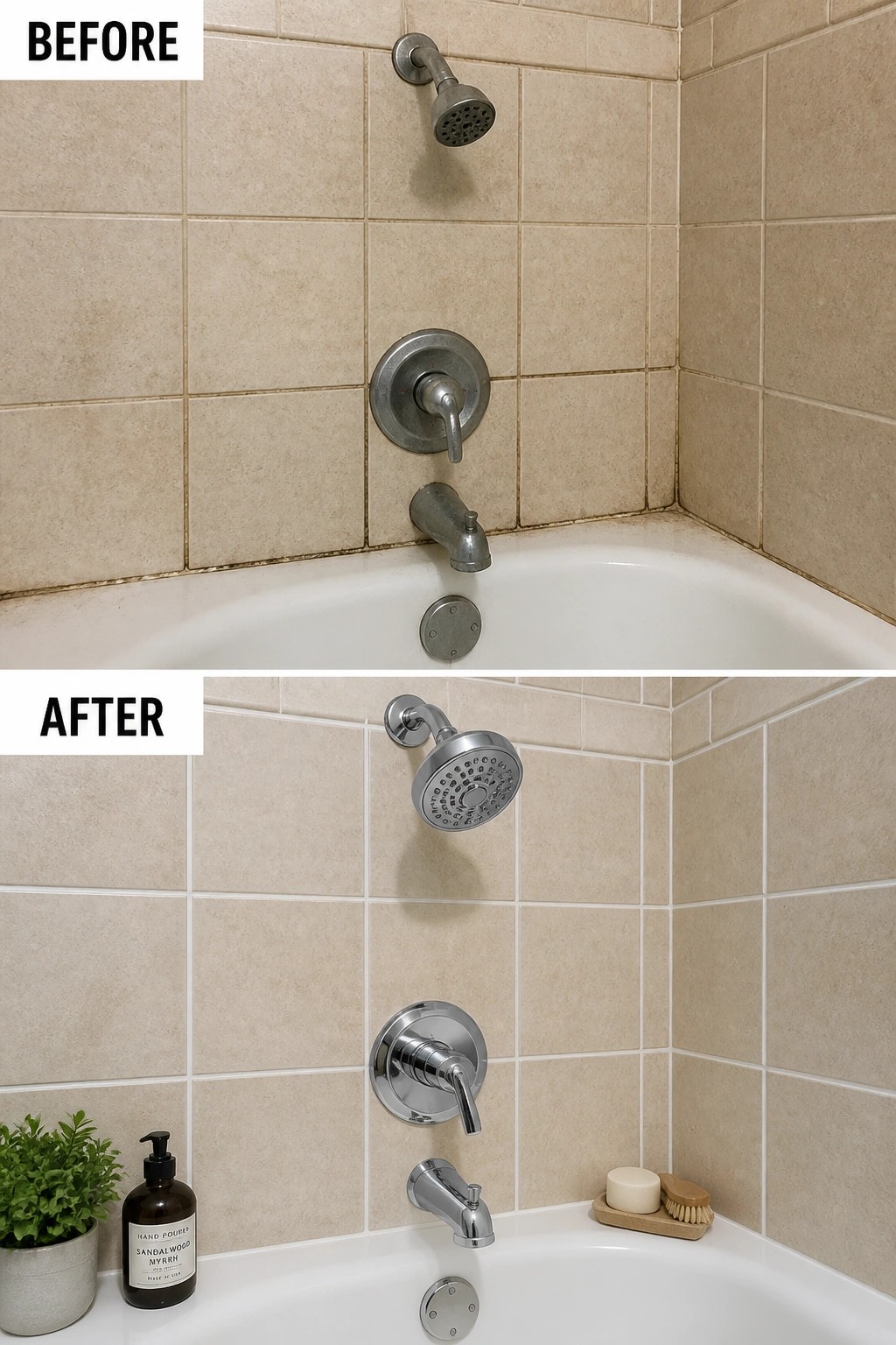 Before-and-after image of a bathroom tub shower area showing old metal fixtures replaced with modern chrome ones.
