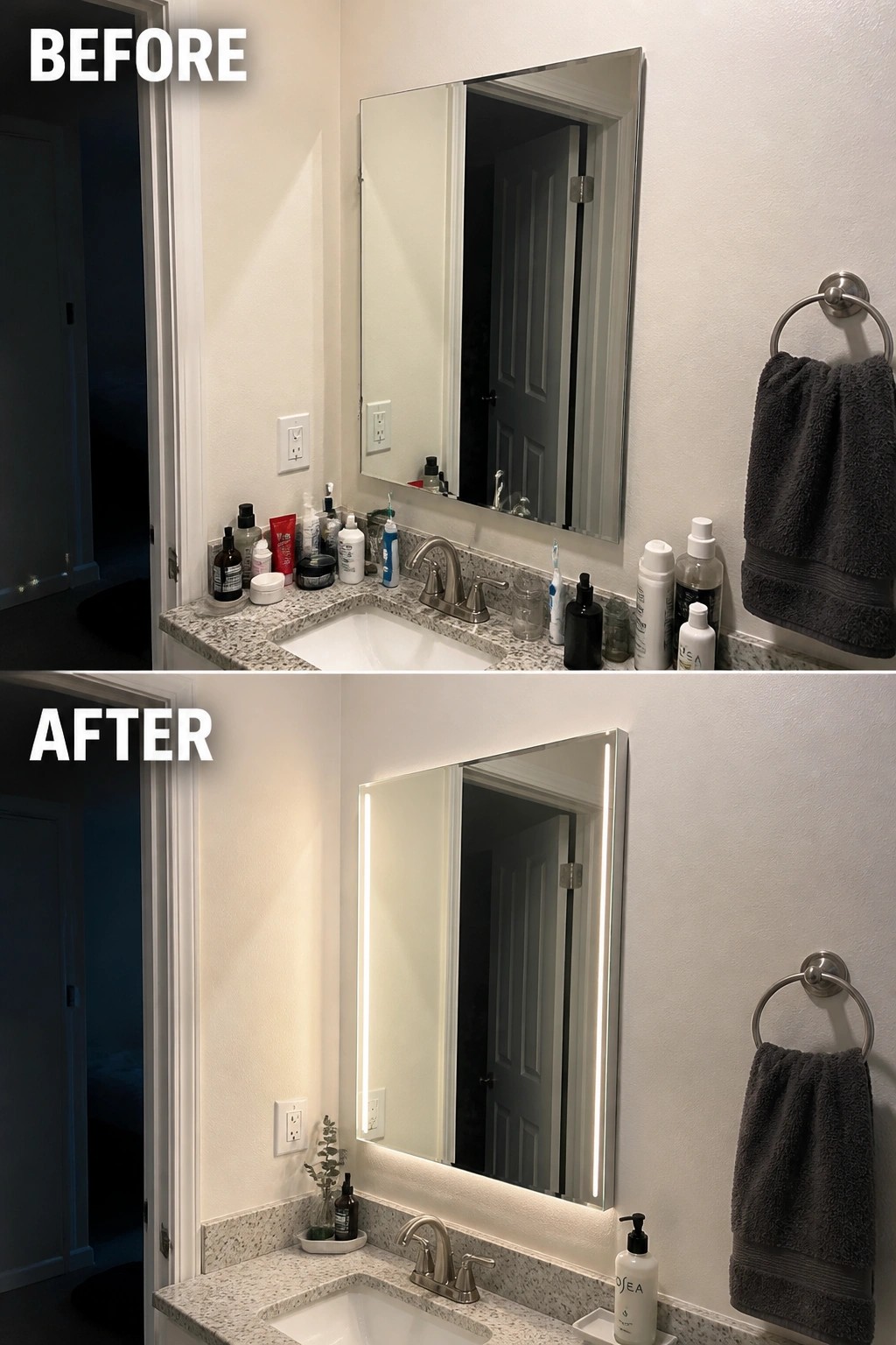 Before-and-after image of a bathroom vanity showing a cluttered counter and basic mirror updated to a clean surface with a backlit mirror and minimal items.