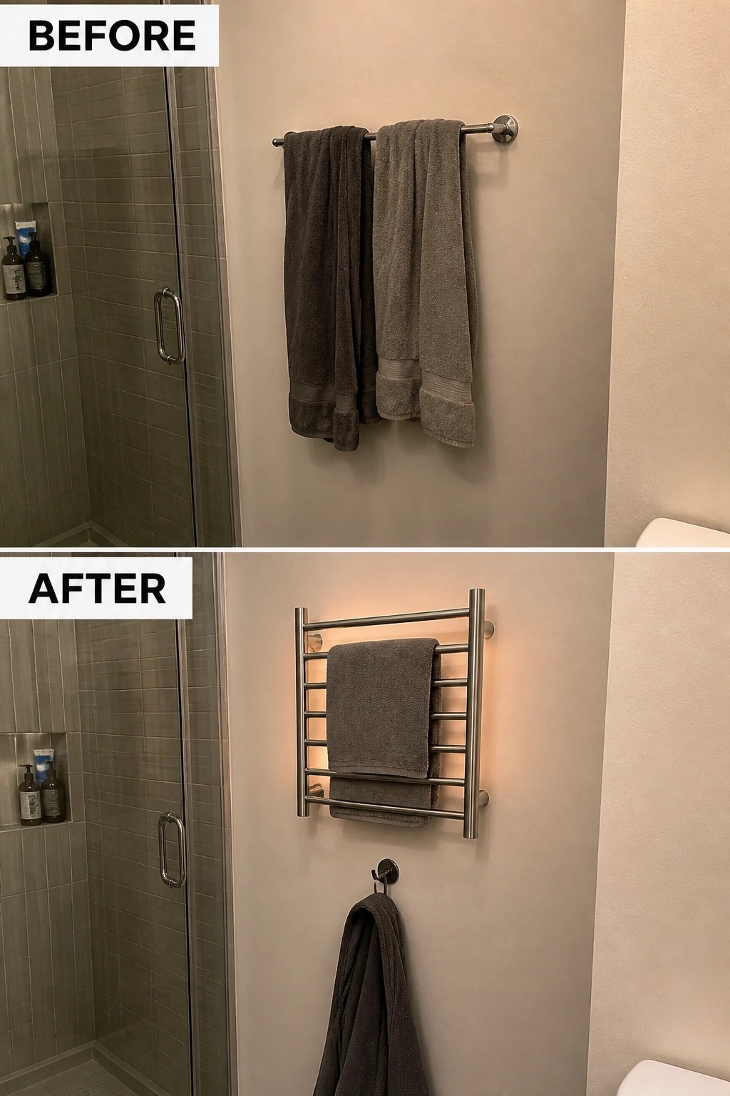 Before-and-after bathroom towel rack: basic bar replaced by lit heated model with gray towels.