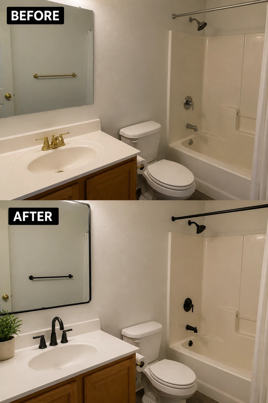 Before-after bathroom remodel featuring gold-to-black fixtures, mirror, and shower hardware