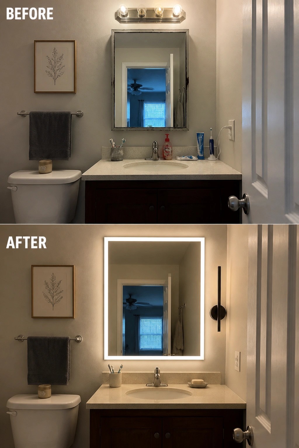 Before and after bathroom with new backlit LED mirror and modern sconce
