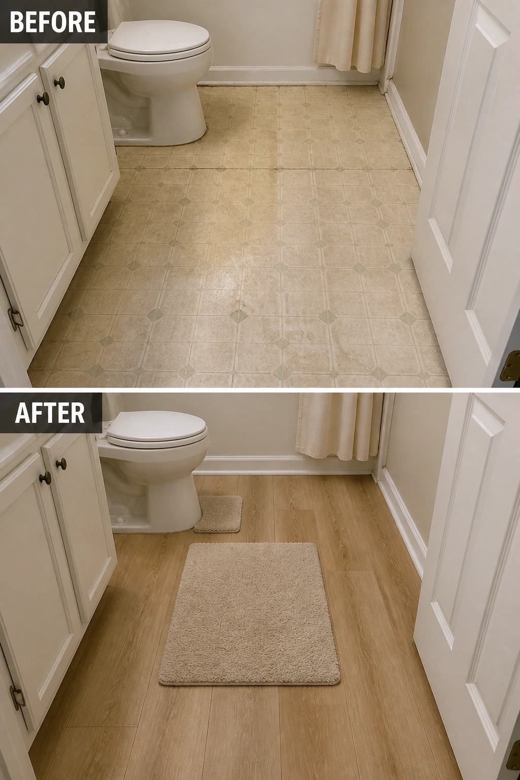 Before-and-after bathroom with stained tiles replaced by light wood floors and rugs.