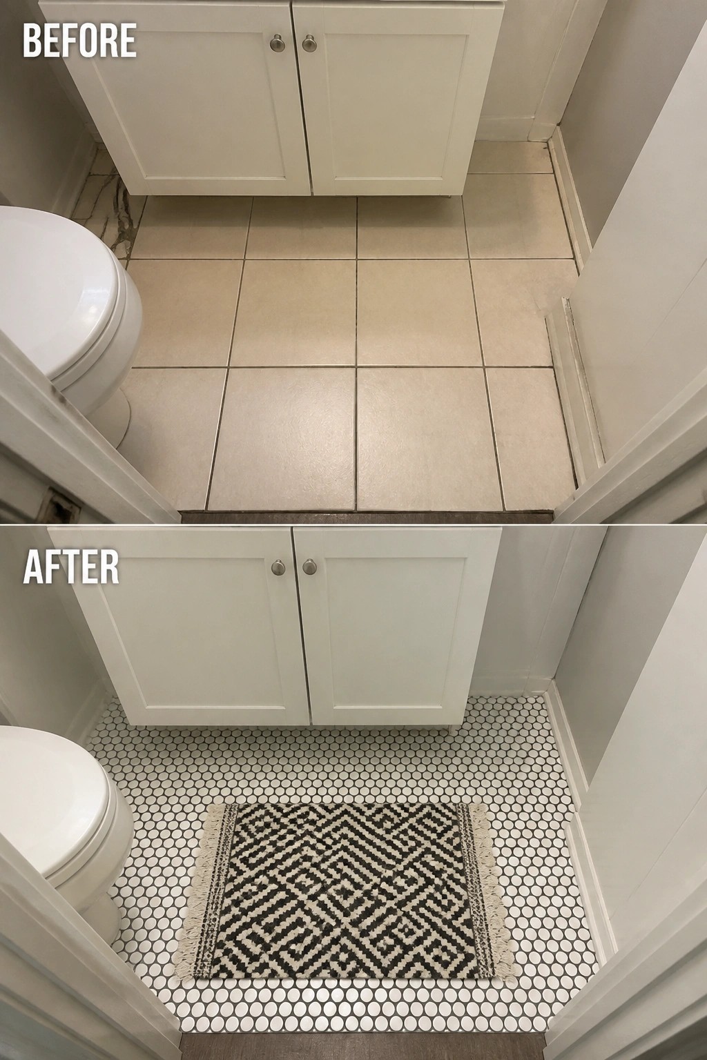 Before and after bathroom with beige tiles replaced by mosaic floor and rug