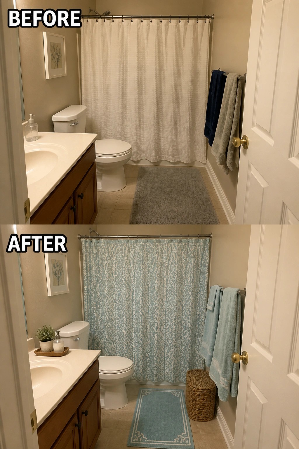 Before and after bathroom with white curtain versus blue patterned one and new rug.