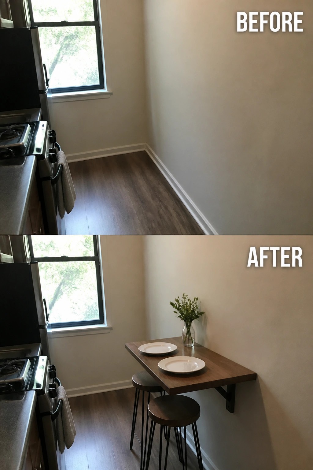 Before-and-after image of a small kitchen corner changed from empty wall space to a wall-mounted dining table with two stools.