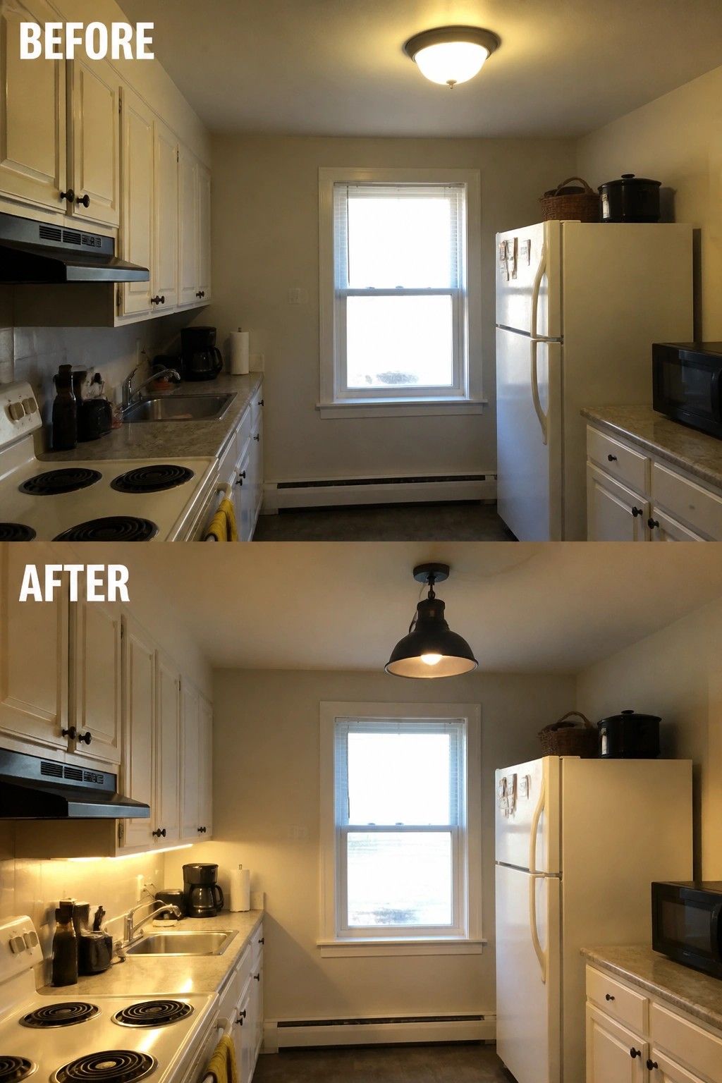Before and after kitchen with new black pendant light and undercabinet lighting