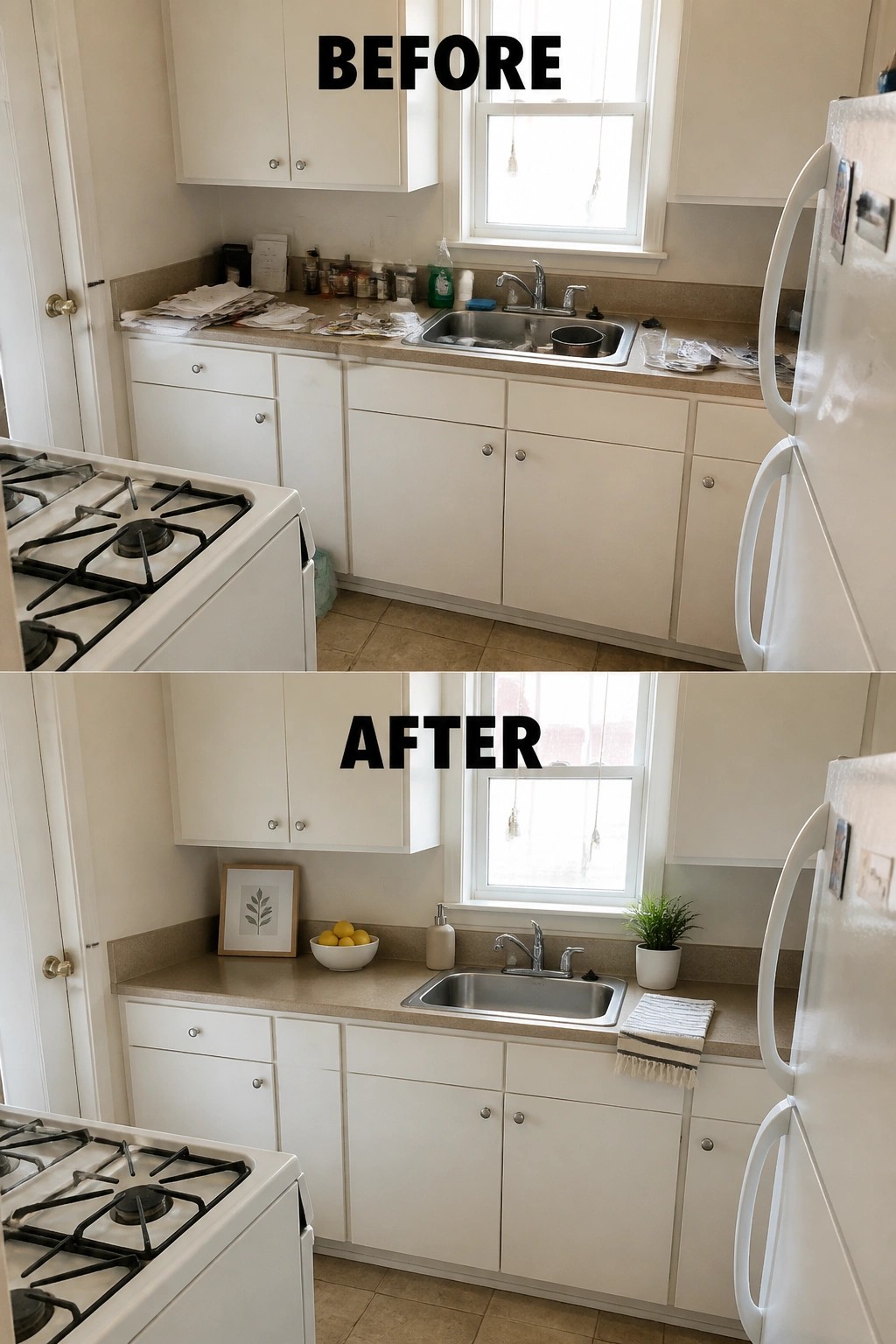 Before and after of cluttered white kitchen decluttered with sink, lemons and plant.