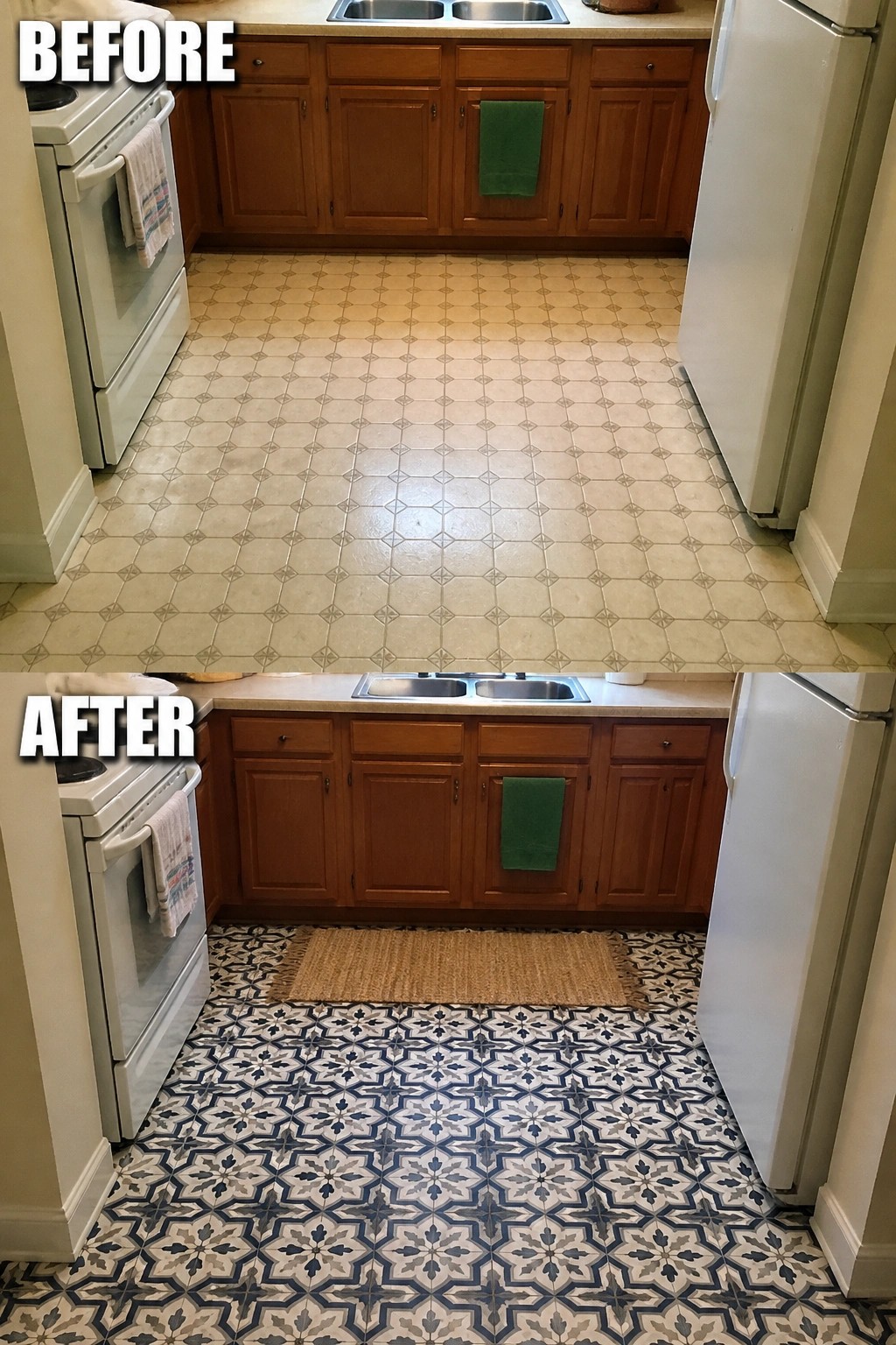 Kitchen before and after: plain beige floor tiles replaced by blue patterned tiles with rug.