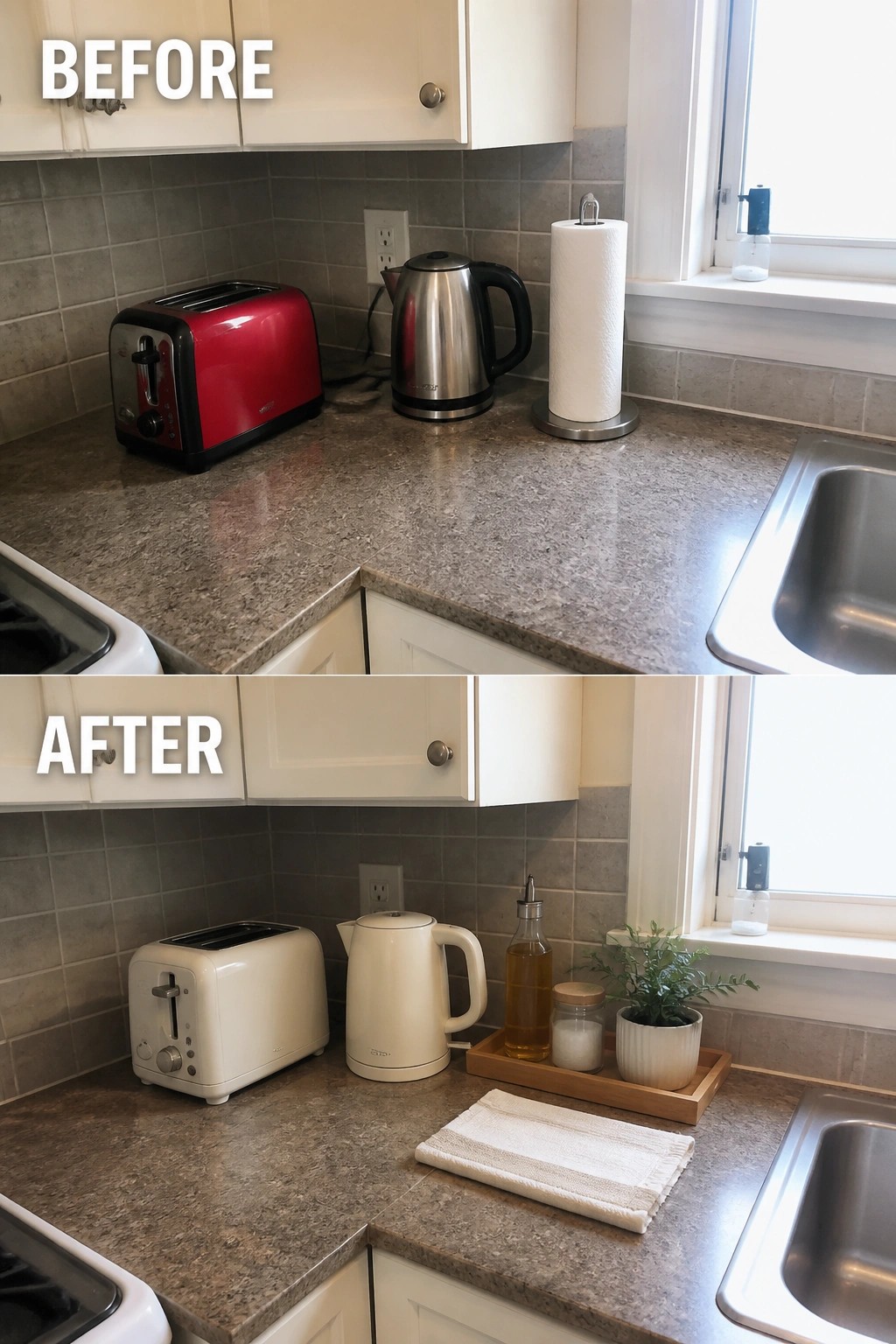 Before and after kitchen counter with red vs white appliances, tray and plant.