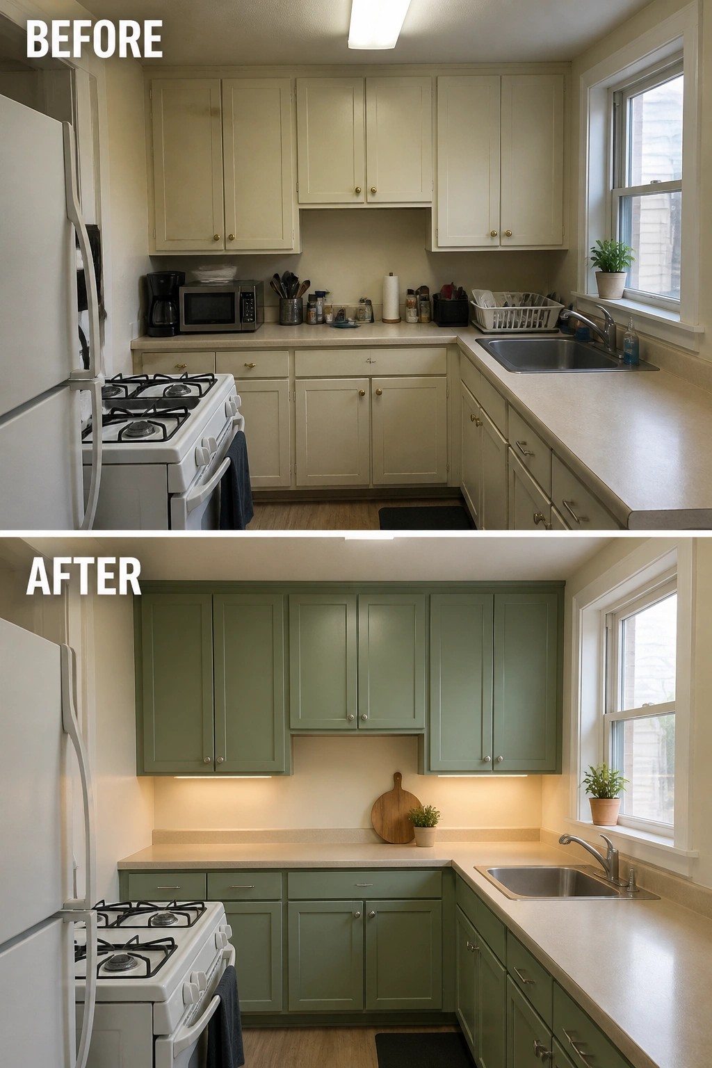 Before-and-after image of a small kitchen with cabinets painted from off-white to sage green and under-cabinet lighting added.