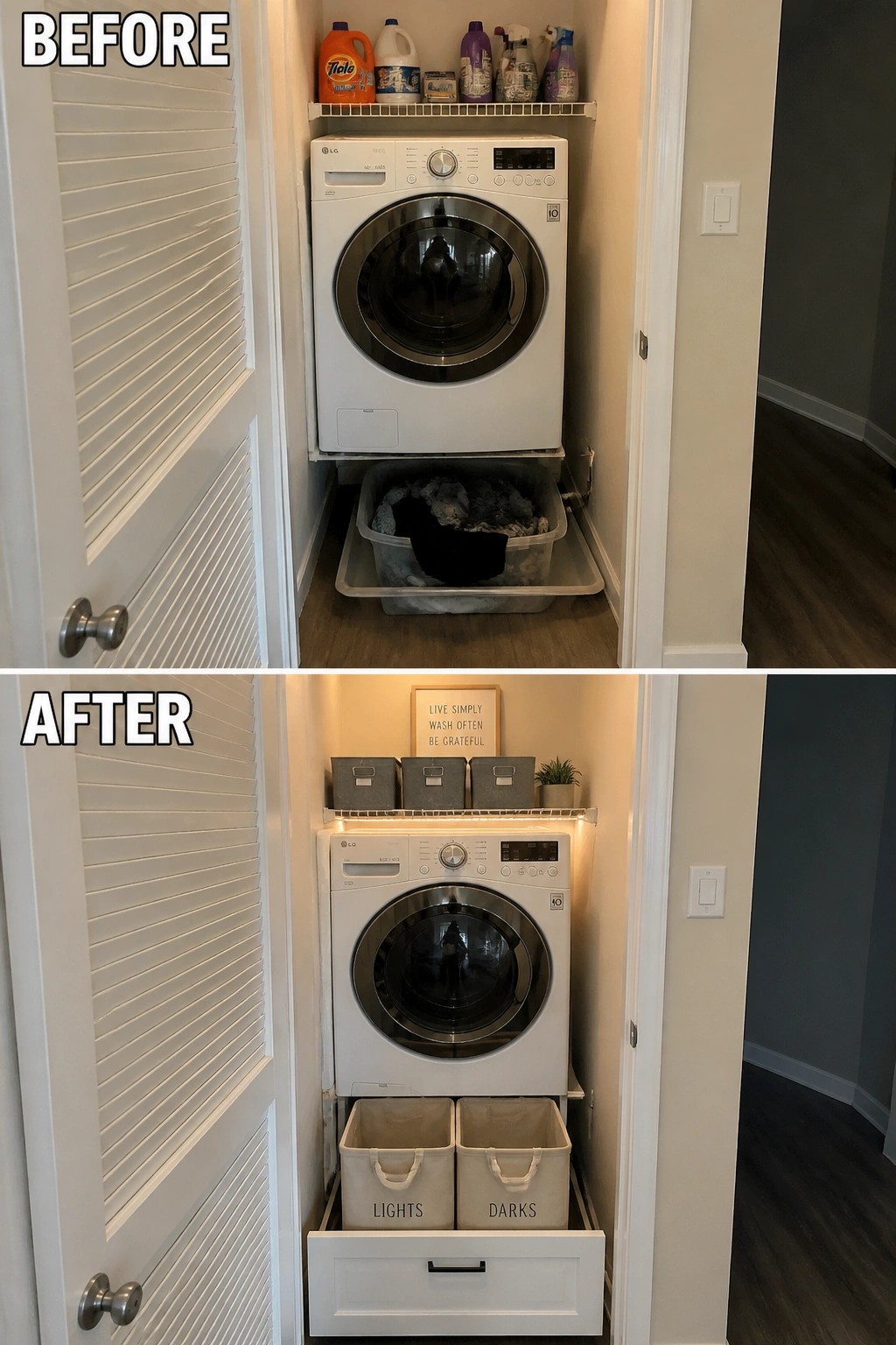Before-and-after image of a laundry closet showing added storage bins on the shelf and labeled pull-out baskets below the washer.