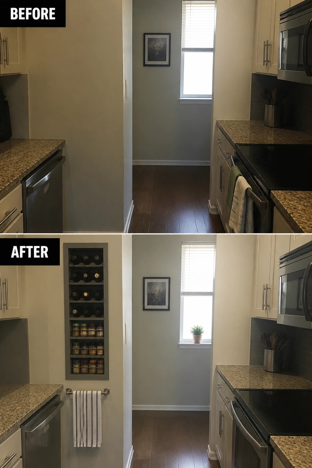 Before-and-after image of a galley kitchen showing an empty wall turned into a recessed built-in wine and spice rack.