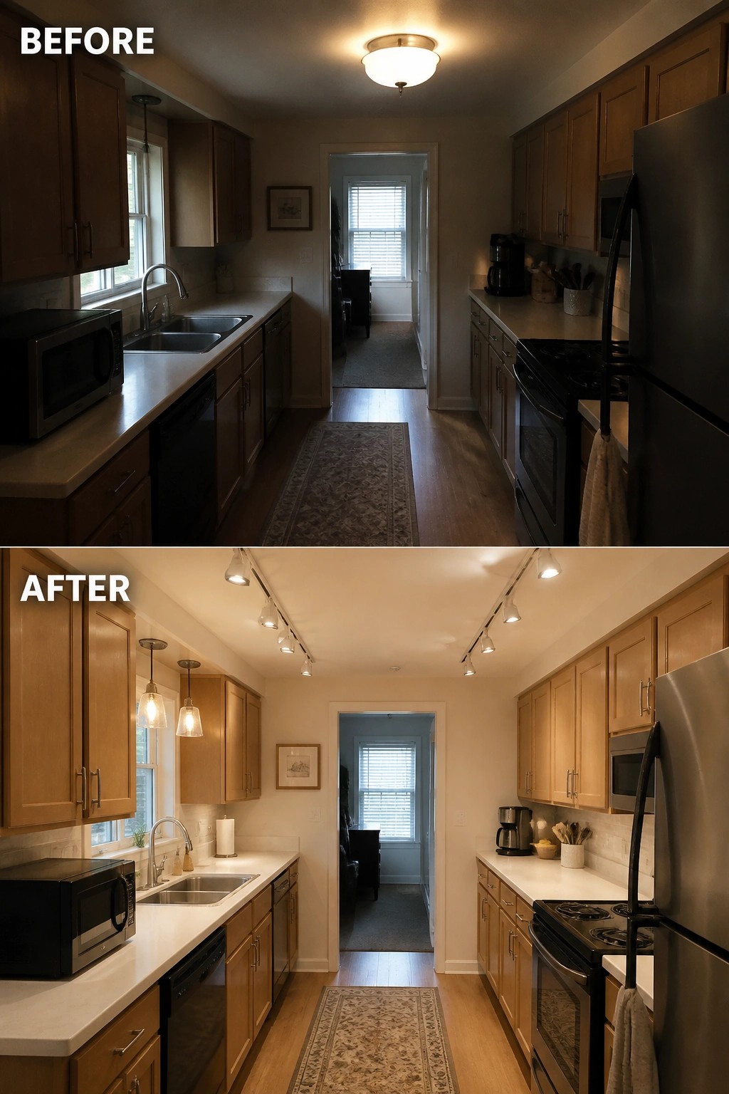 Before-and-after image of a narrow galley kitchen showing the addition of track lighting and pendant lights along with new countertops.