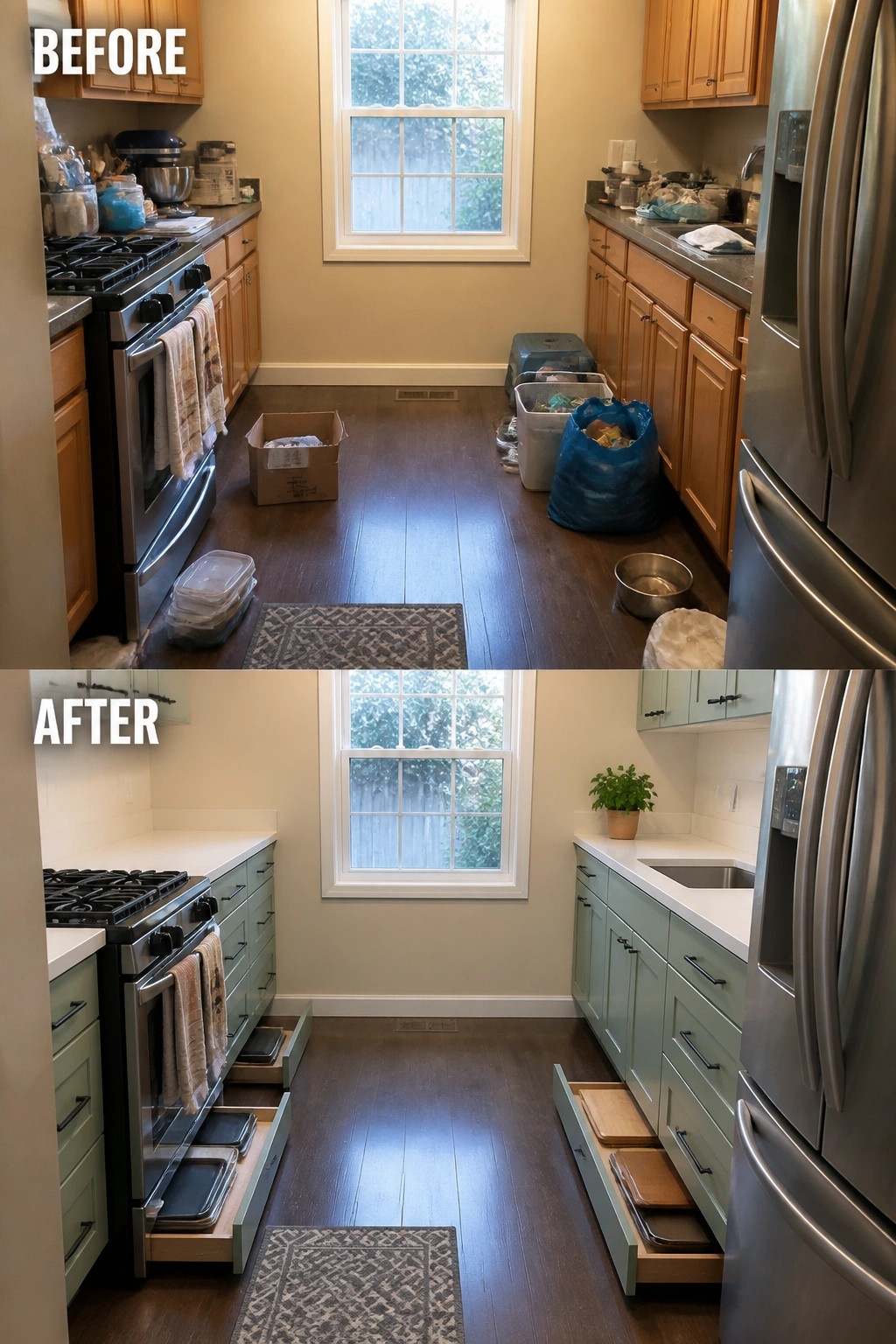 Before-and-after kitchen remodel showing cluttered mess transformed into organized sage green cabinets with open drawers