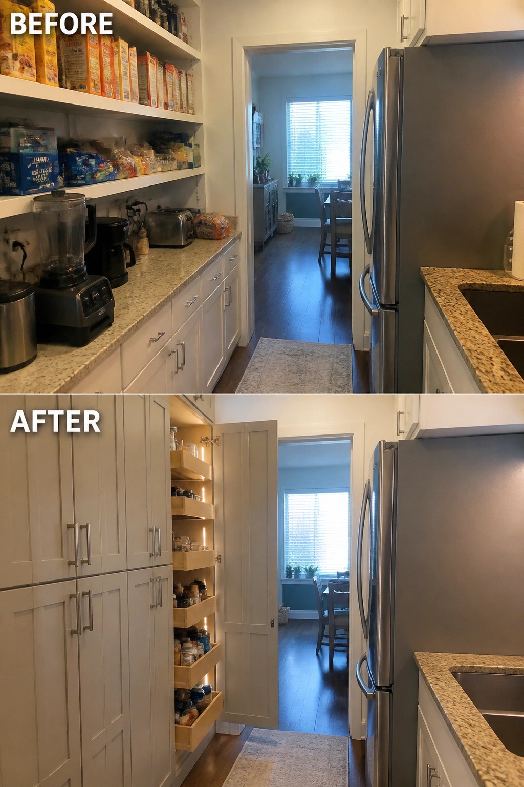 Before cluttered shelves and after organized pull-out pantry in white kitchen