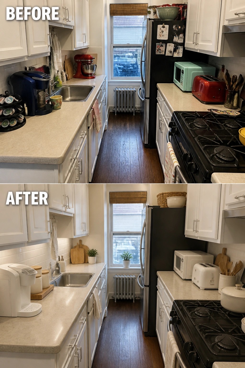 Before and after views of cluttered kitchen decluttered with white appliances and organized counters.