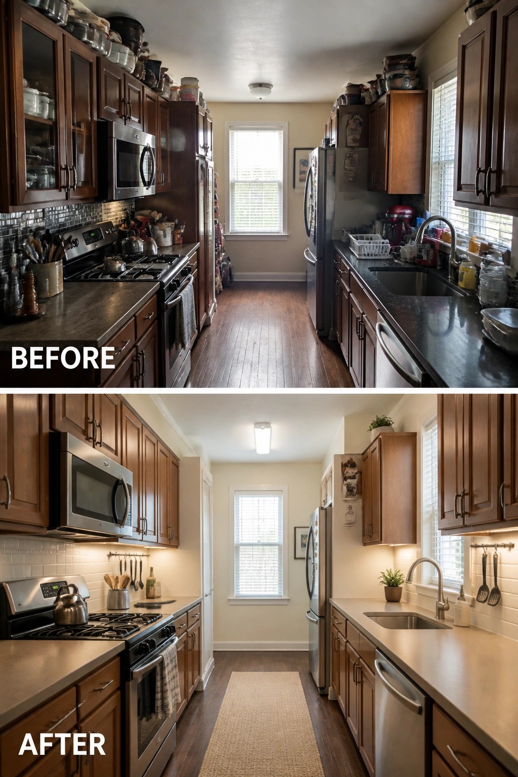 Before and after views of cluttered kitchen remodel with dark cabinets and new counters.