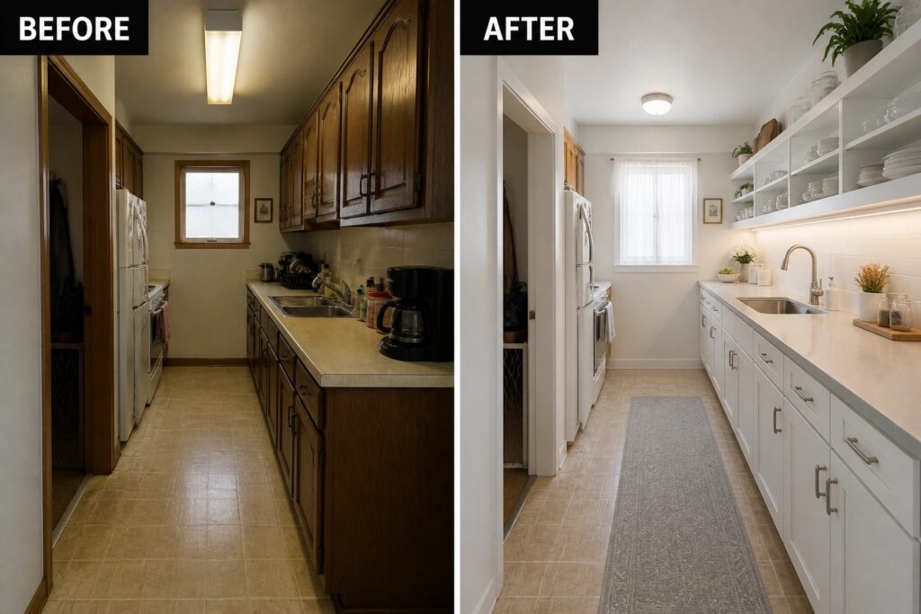 23 Fresh Galley Kitchen Remodel Ideas for Narrow Walkways Before-and-after image of a dark wood galley kitchen remodeled with white cabinets, open shelving, under-cabinet lighting, and a runner rug.