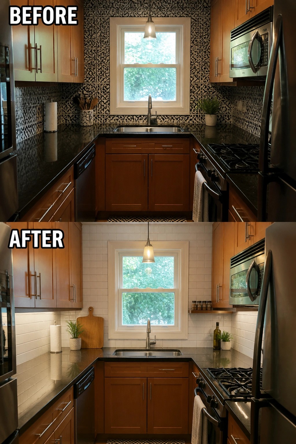 Before-and-after image of a galley kitchen with a patterned tile backsplash updated to white subway tile and simplified counters.