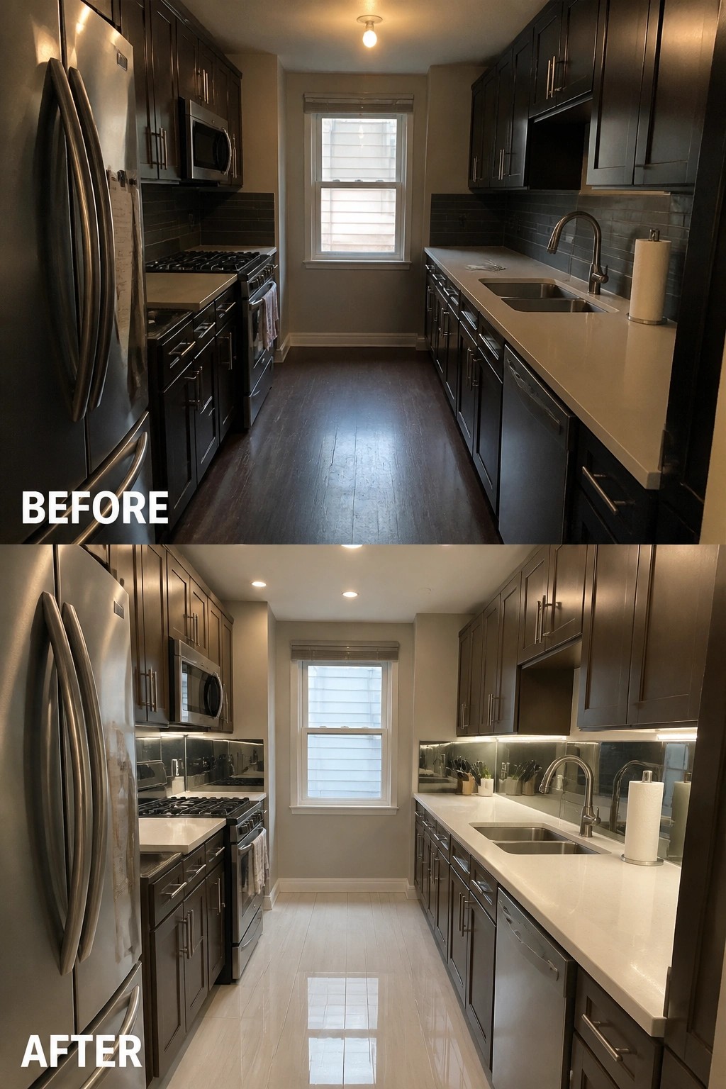 Before and after kitchen remodel with dark cabinets, white counters, and light floors