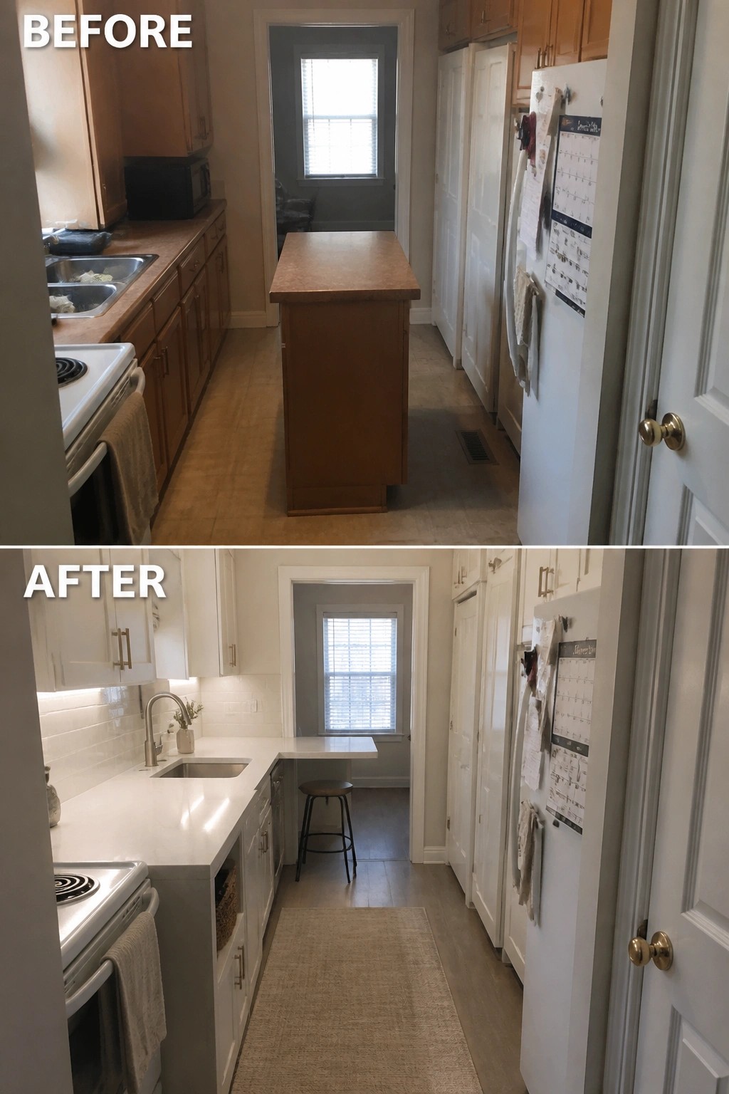Before-and-after image of a galley kitchen with dark wood cabinets and a center island updated to white cabinets, white countertops, a peninsula, and under-cabinet lighting.