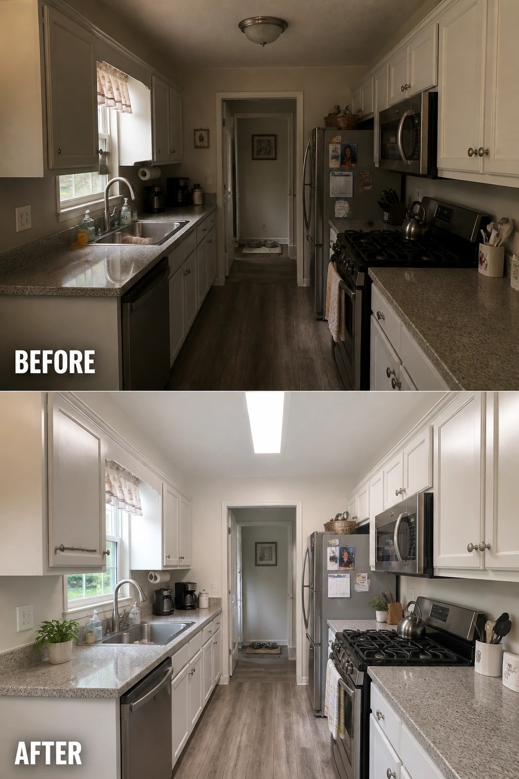 Before-and-after image of a galley kitchen with cabinets painted white and a skylight added for more natural light.
