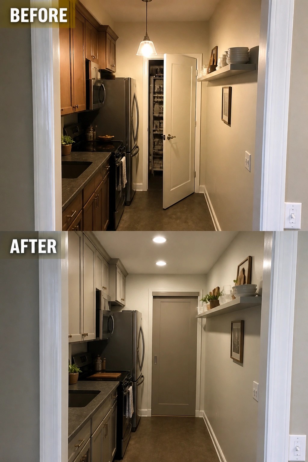 Before-and-after image of a galley kitchen with dark cabinets painted light gray and an open pantry door closed to create a cleaner, brighter walkway.