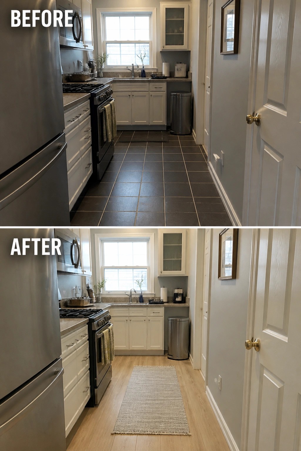 Before and after kitchen remodel with dark tiles replaced by light wood flooring and rug