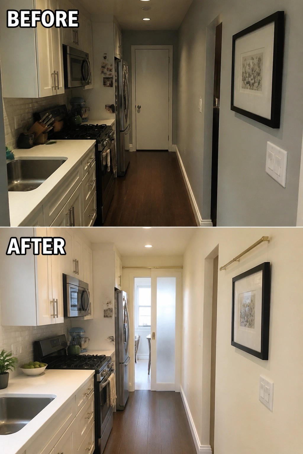 Before-and-after image of a galley kitchen showing gray walls painted off-white and a solid door replaced with a frosted glass door.