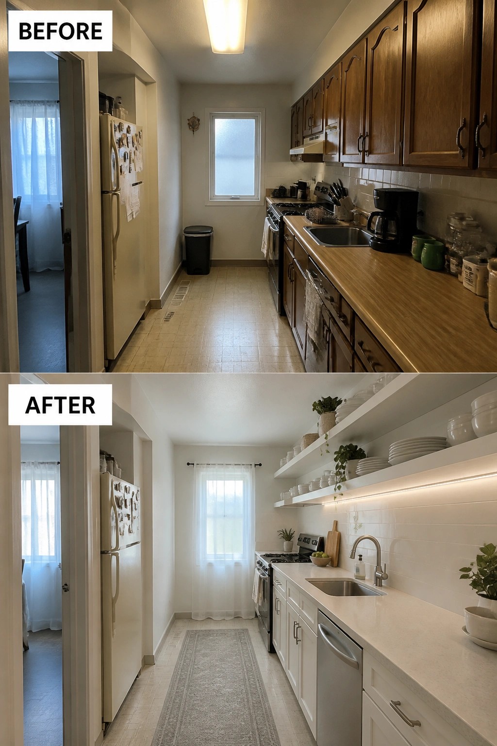Before-and-after image of a dark wood galley kitchen remodeled with white cabinets, open shelving, under-cabinet lighting, and a runner rug.
